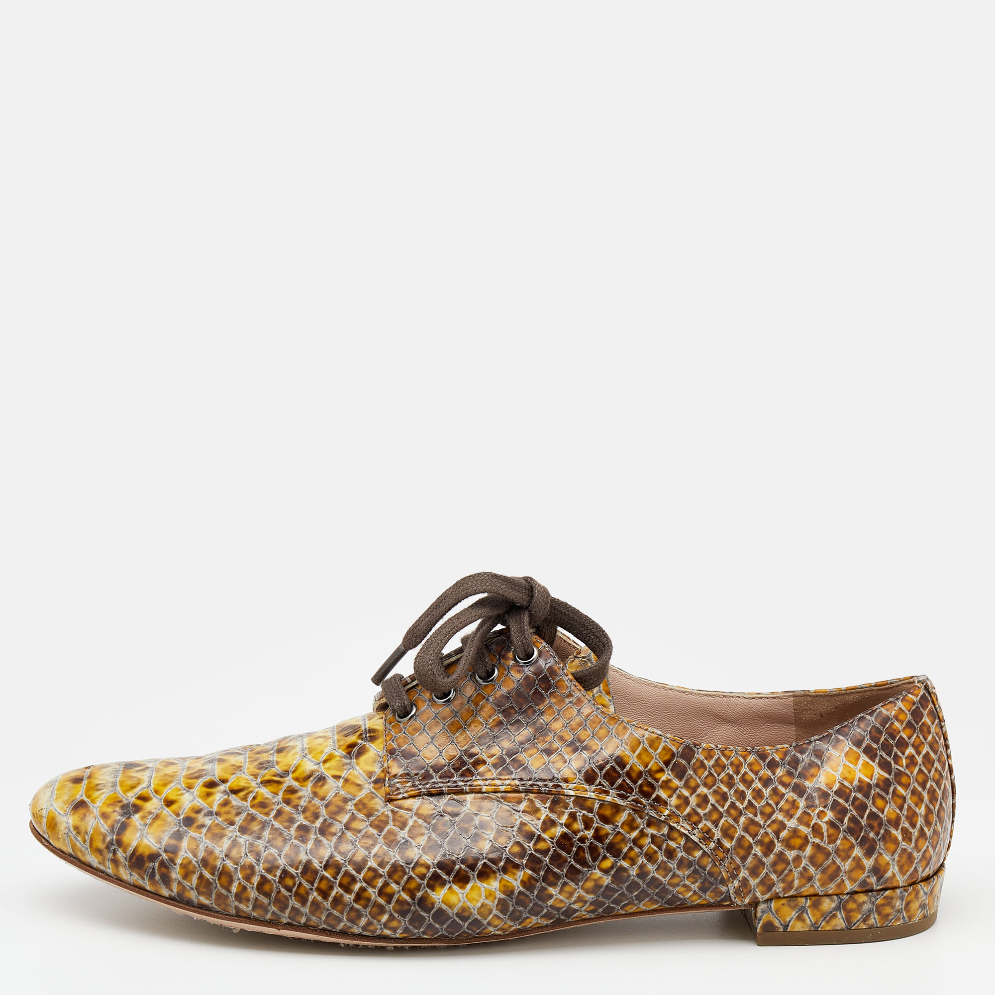 Pre-owned Miu Miu Yellow/brown Snakeskin Embossed Patent Leather Derby Size 39