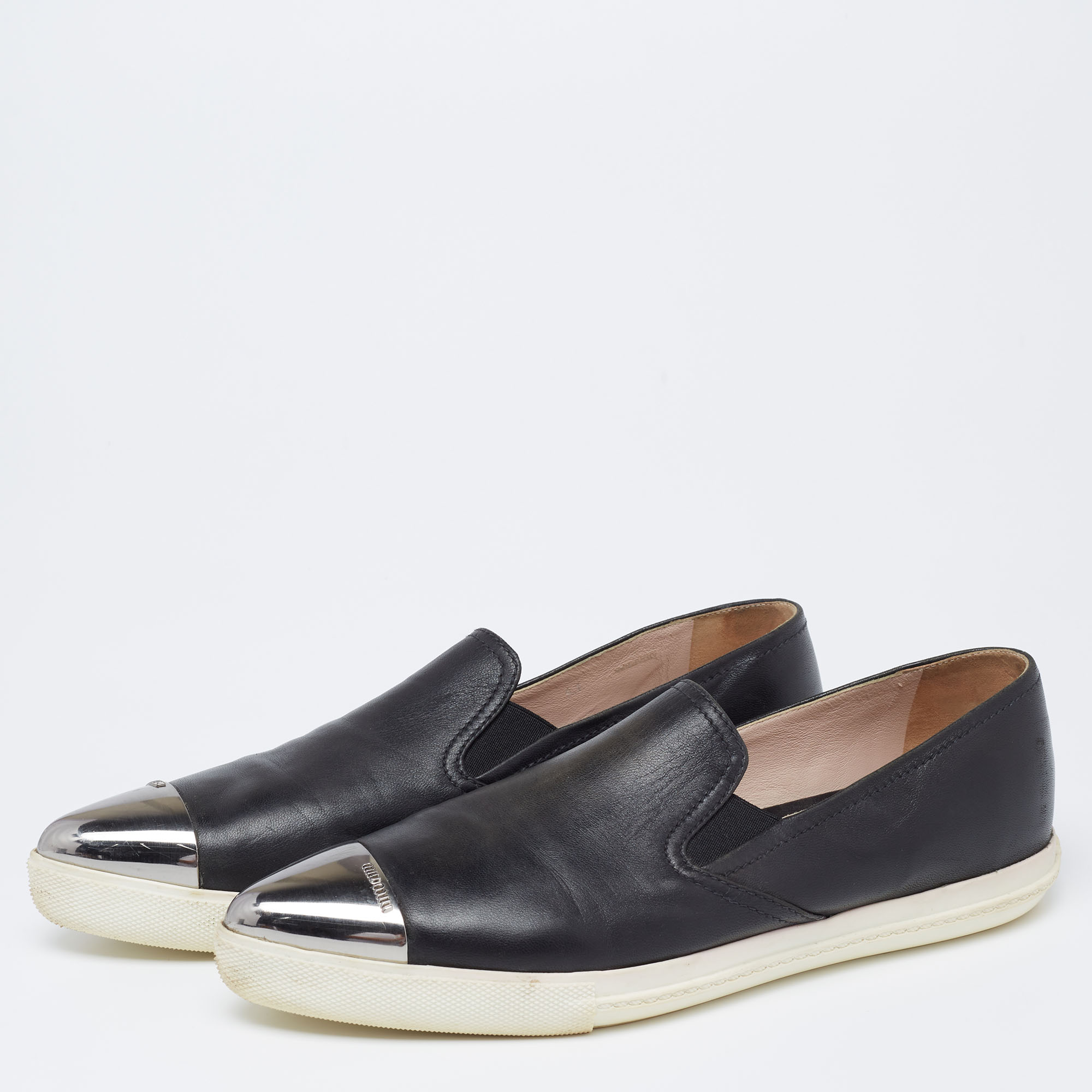 

Miu Miu Black Leather Metal Cap-Toe Slip-On Sneakers Size