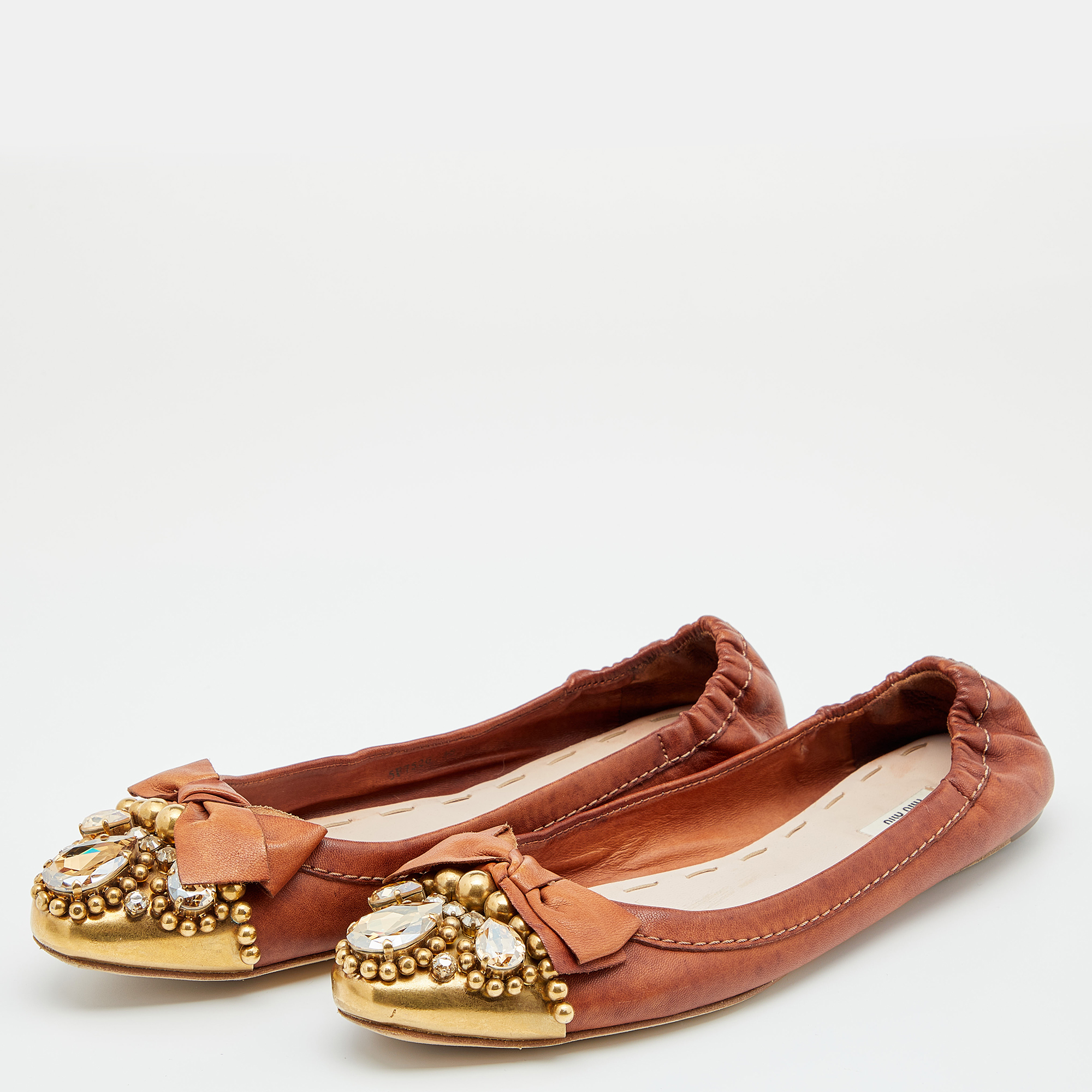 

Miu Miu Brown Leather Crystal Embellished Ballet Flats Size