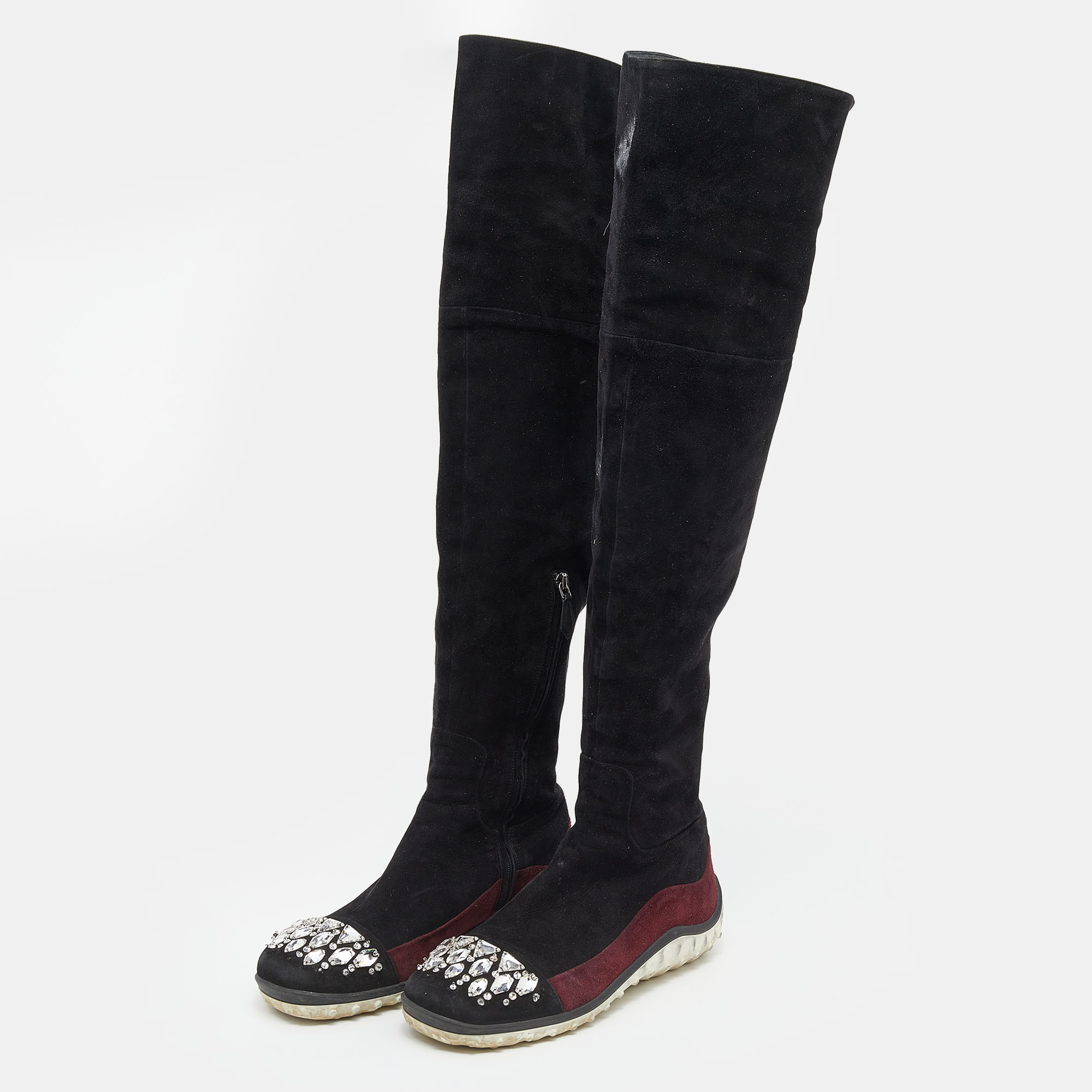 

Miu Miu Black/Burgundy Suede Crystal Embellished Over The Knee Boots Size