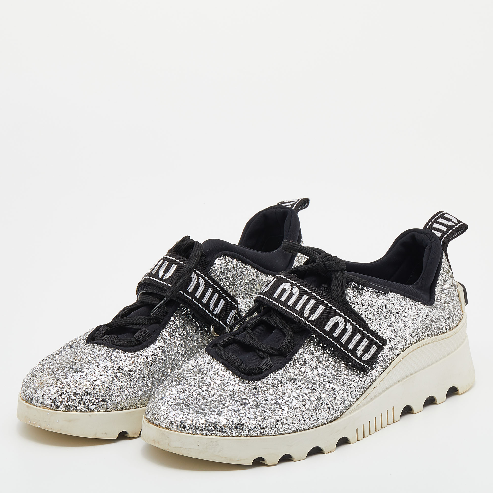 

Miu Miu Silver Glitter Low Top Sneakers Size