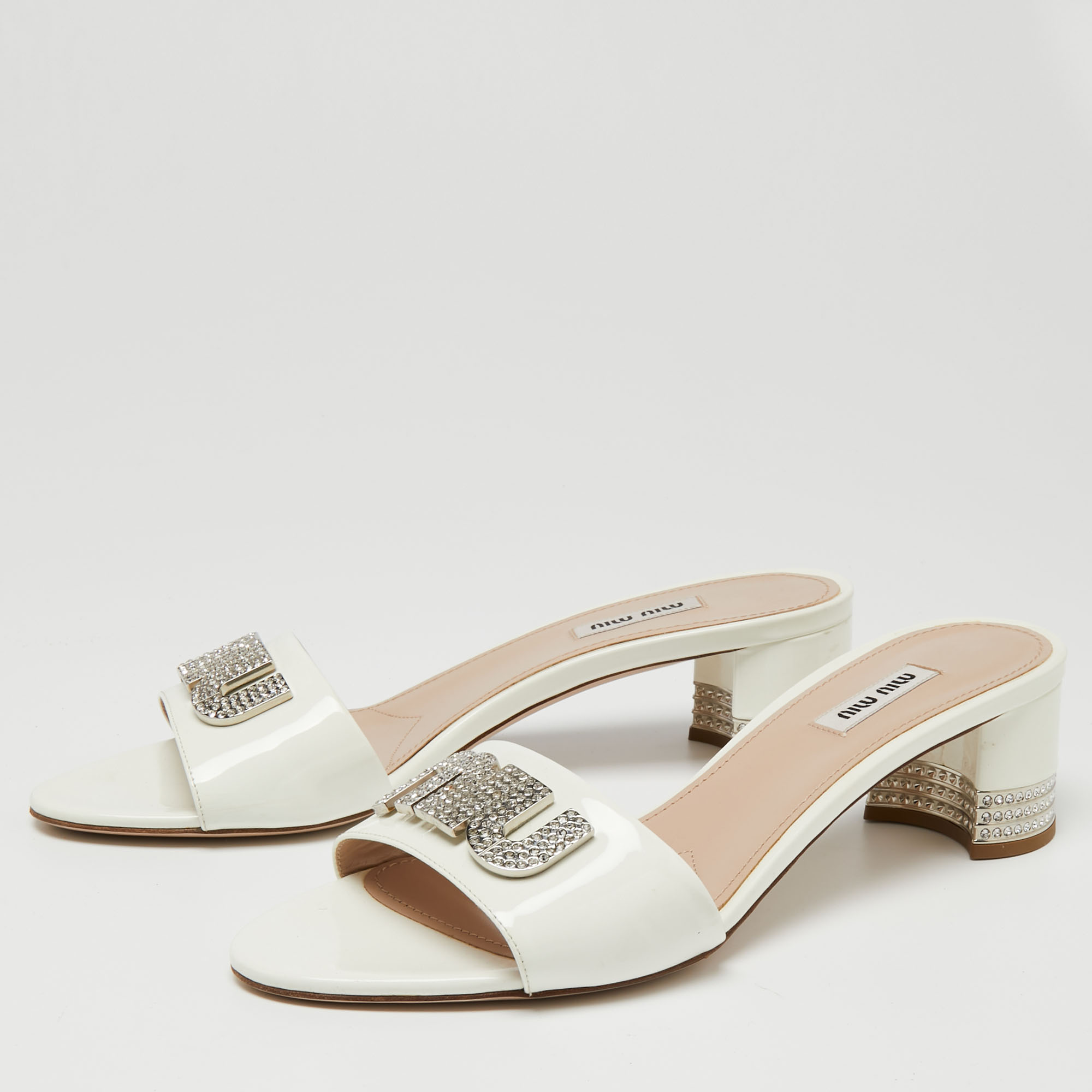 

Miu Miu White Patent Crystal Embellished Slide Sandals Size