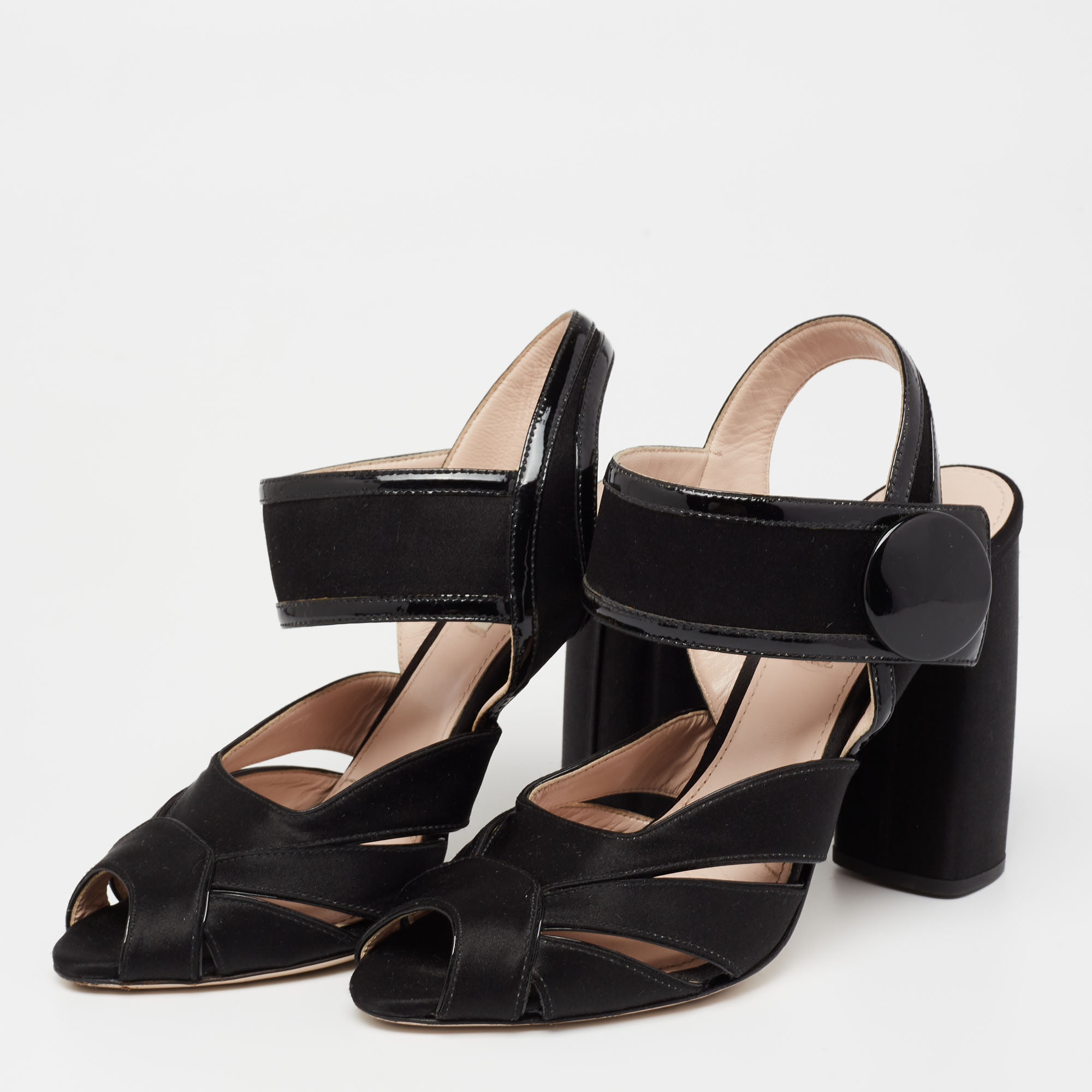 

Miu Miu Black Satin and Patent Leather Ankle Strap Block Heel Sandals Size