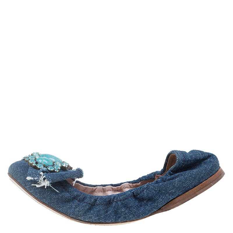 

Miu Miu Blue Denim Embellished Ballet Flats Size