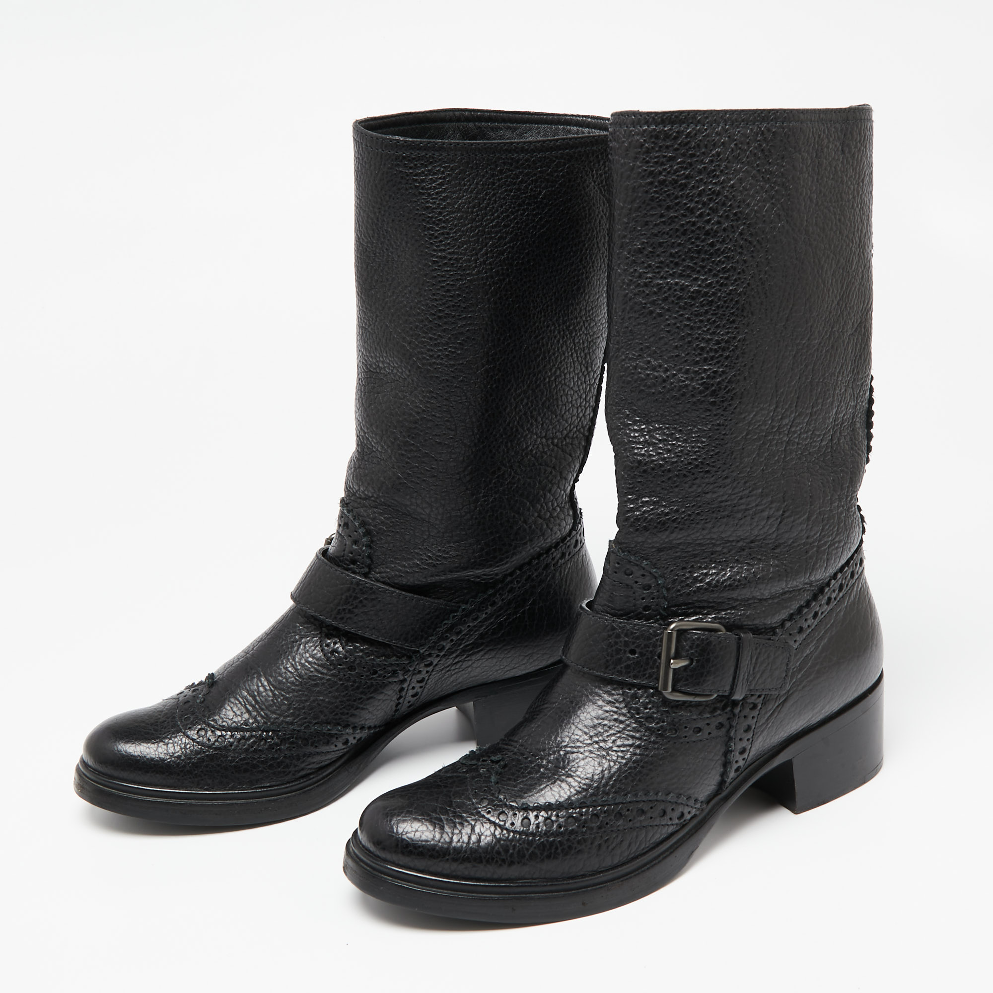 

Miu Miu Black Leather Buckle Detail Midcalf Boots Size