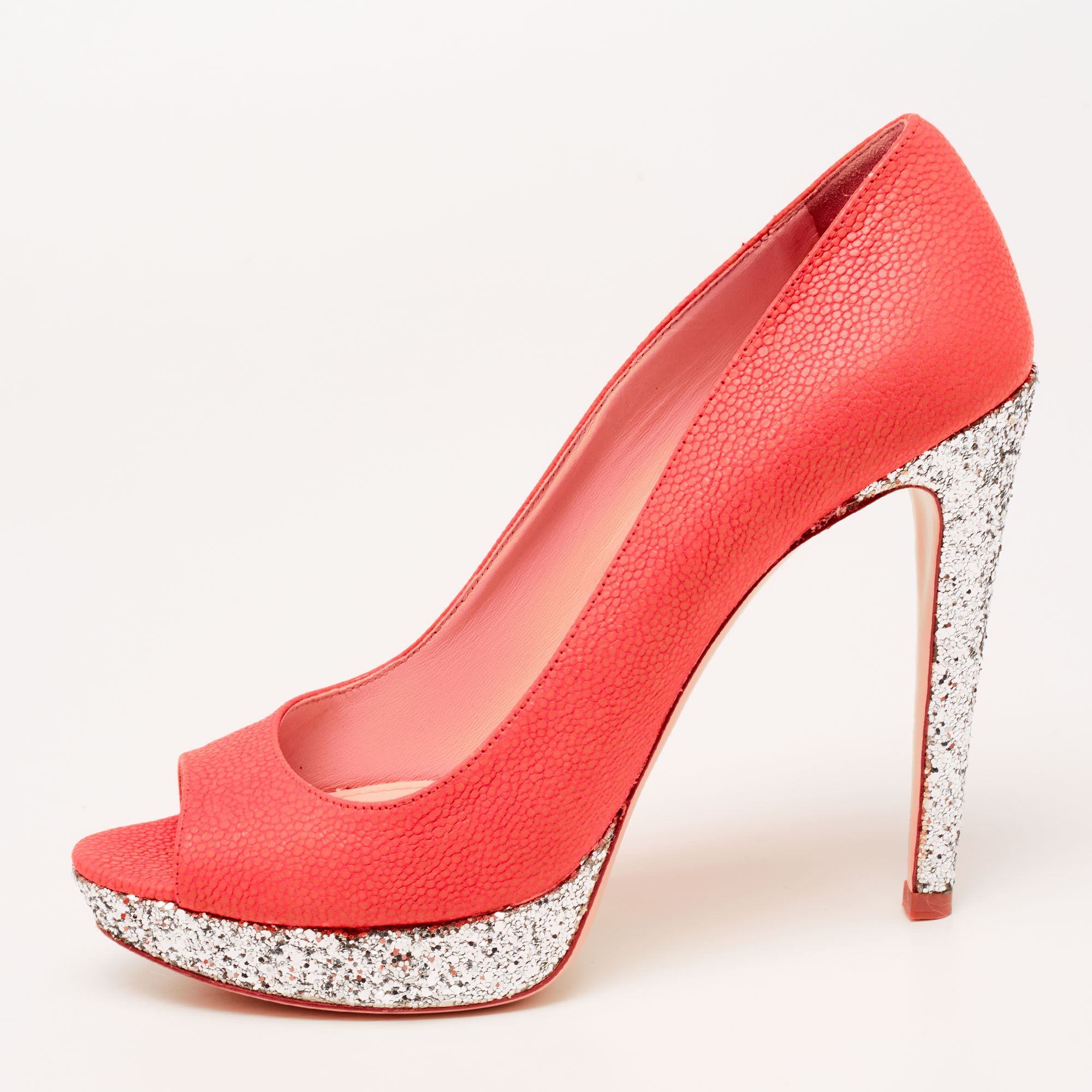 Pre-owned Miu Miu Neon Pink Leather And Glitter Peep Toe Platform Pumps Size 38.5