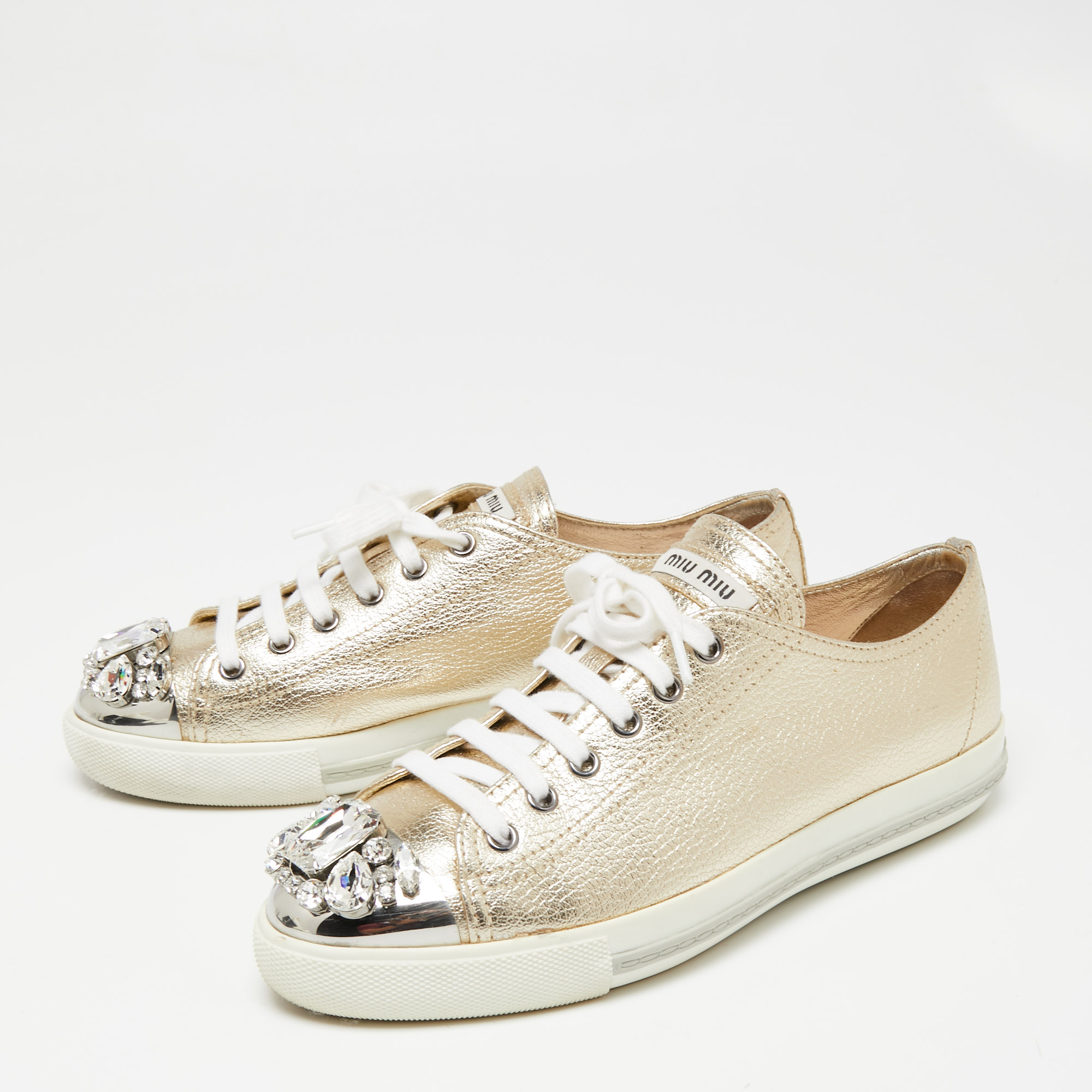 

Miu Miu Gold Leather Crystal Embellished Cap Toe Sneakers Size