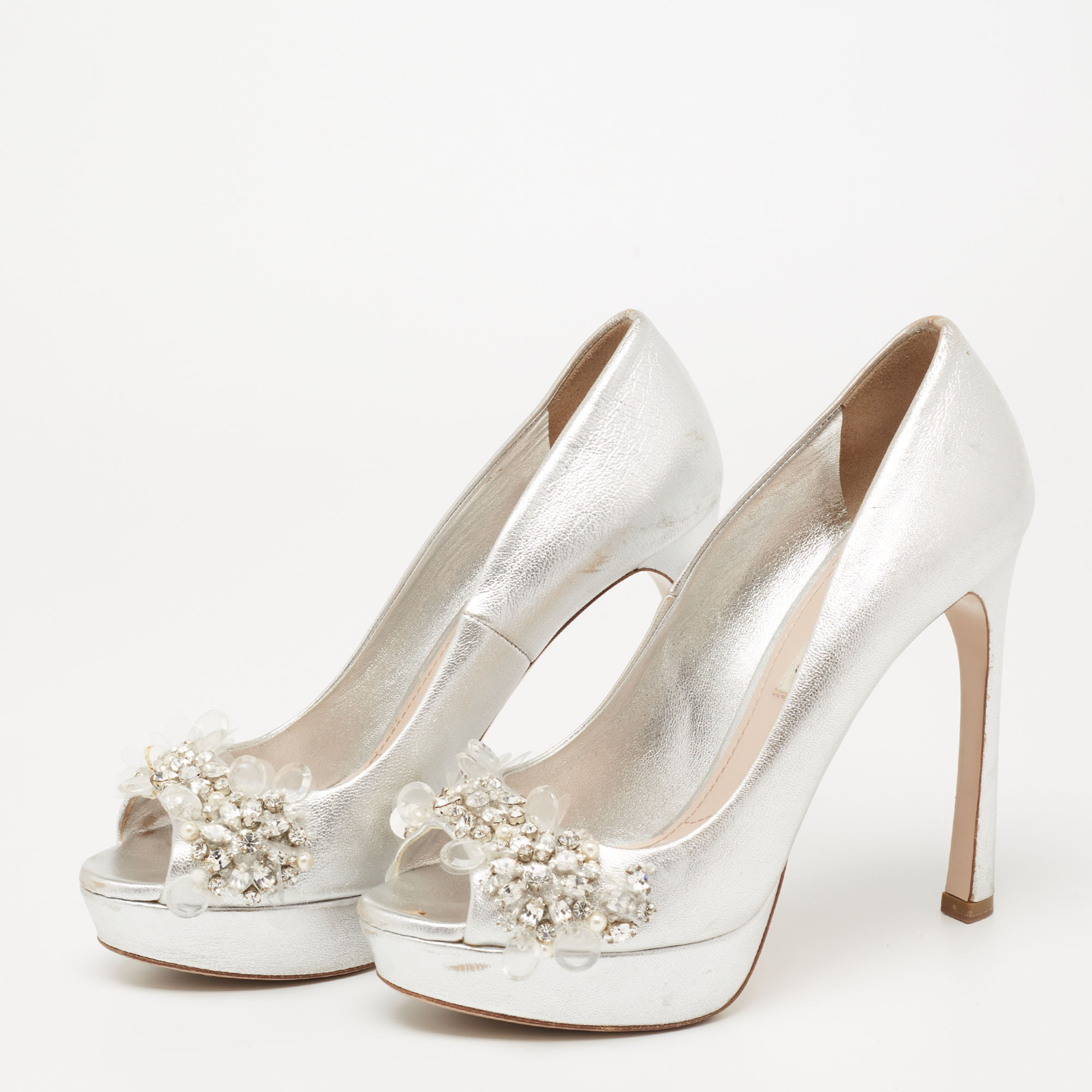 

Miu Miu Silver Leather Embellished Peep Toe Pumps Size