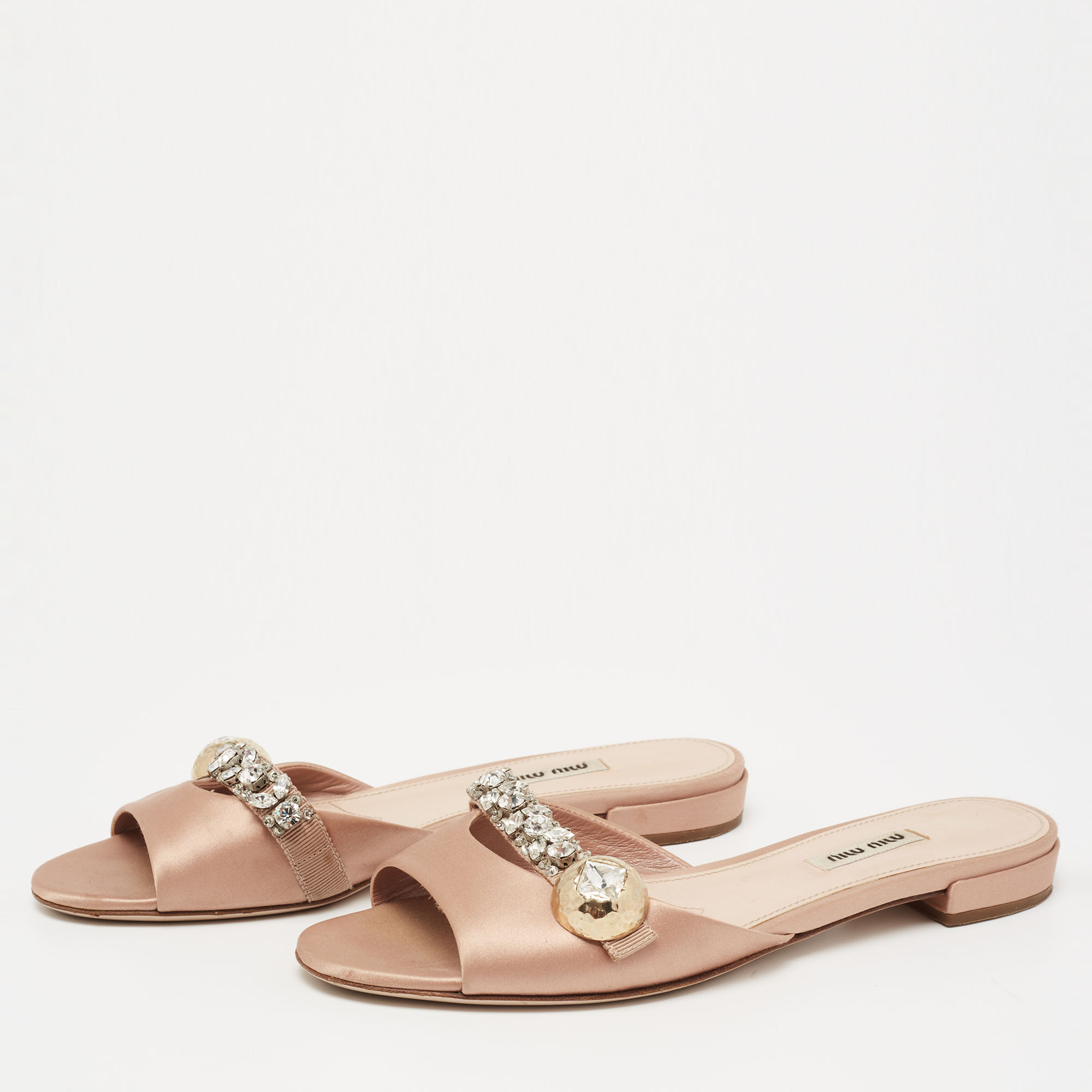 

Miu Miu Beige Satin Crystal Embellished Flat Sandals Size
