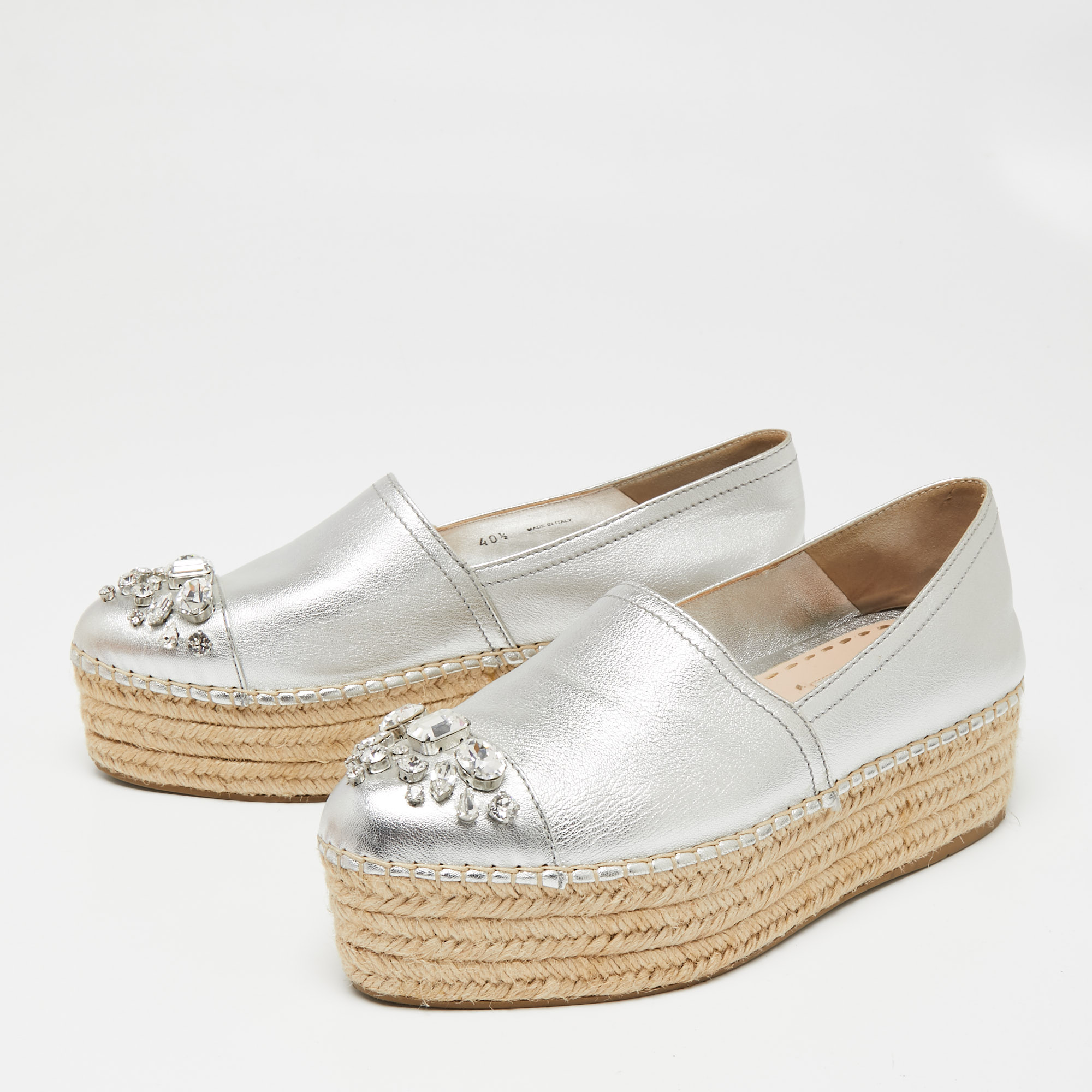 

Miu Miu Silver Leather Crystal Embellished Platform Flat Espadrilles Size