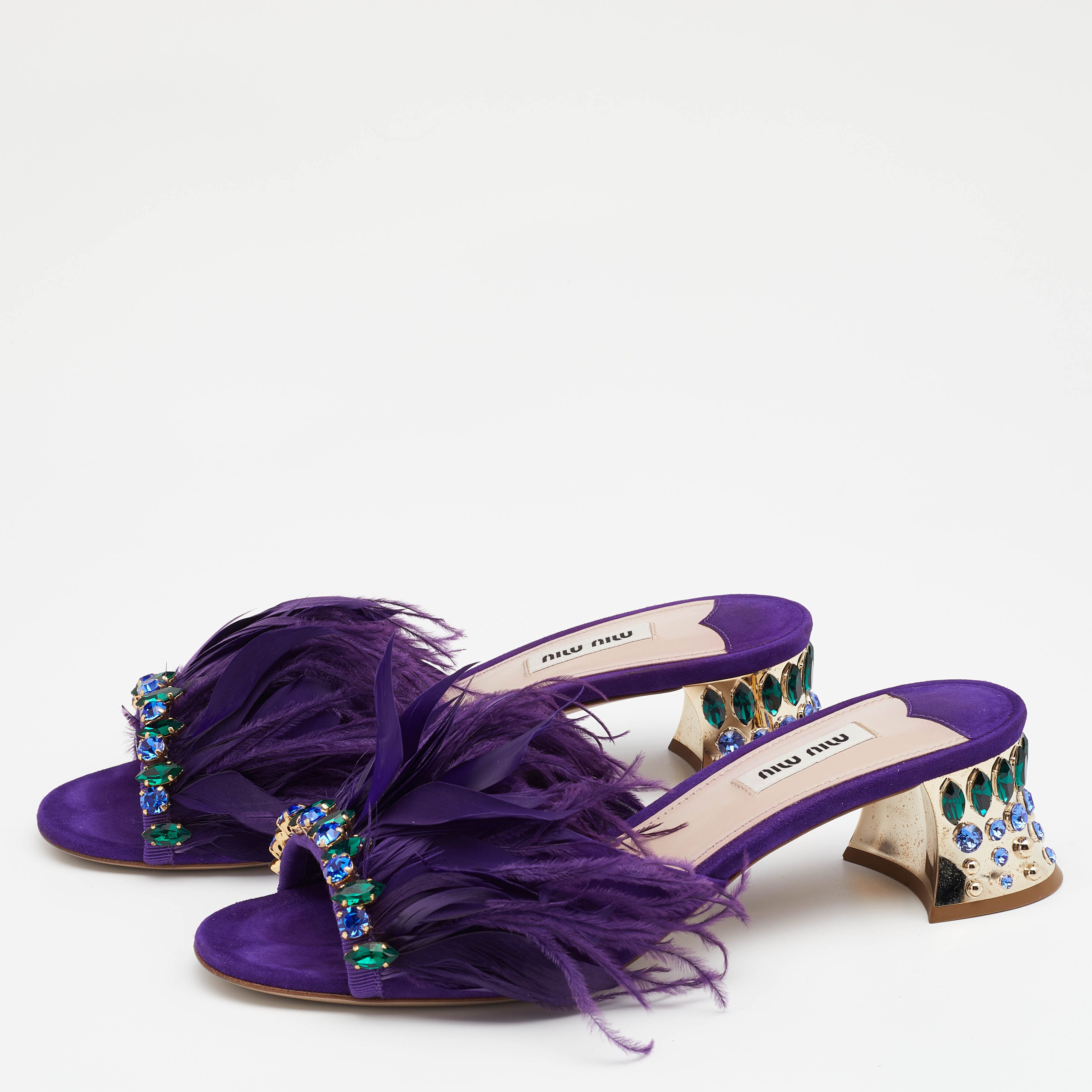 

Miu Miu Purple Suede Feather Crystal Embellished Block Heel Slide Sandals Size