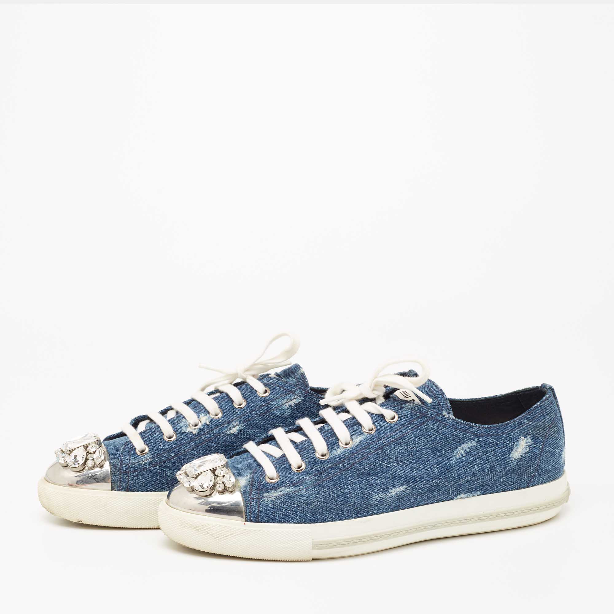 

Miu Miu Blue Canvas Crystal Embellished Cap Toe Lace Up Sneakers Size
