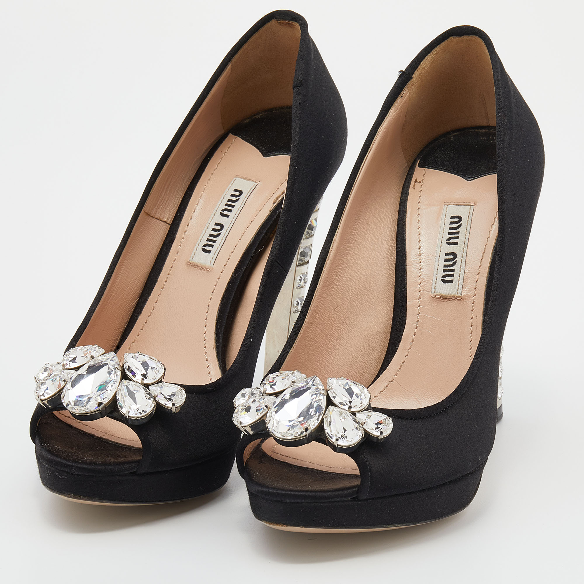 

Miu Miu Black Satin Crystal Embellished Heel Peep Toe Platform Pumps Size