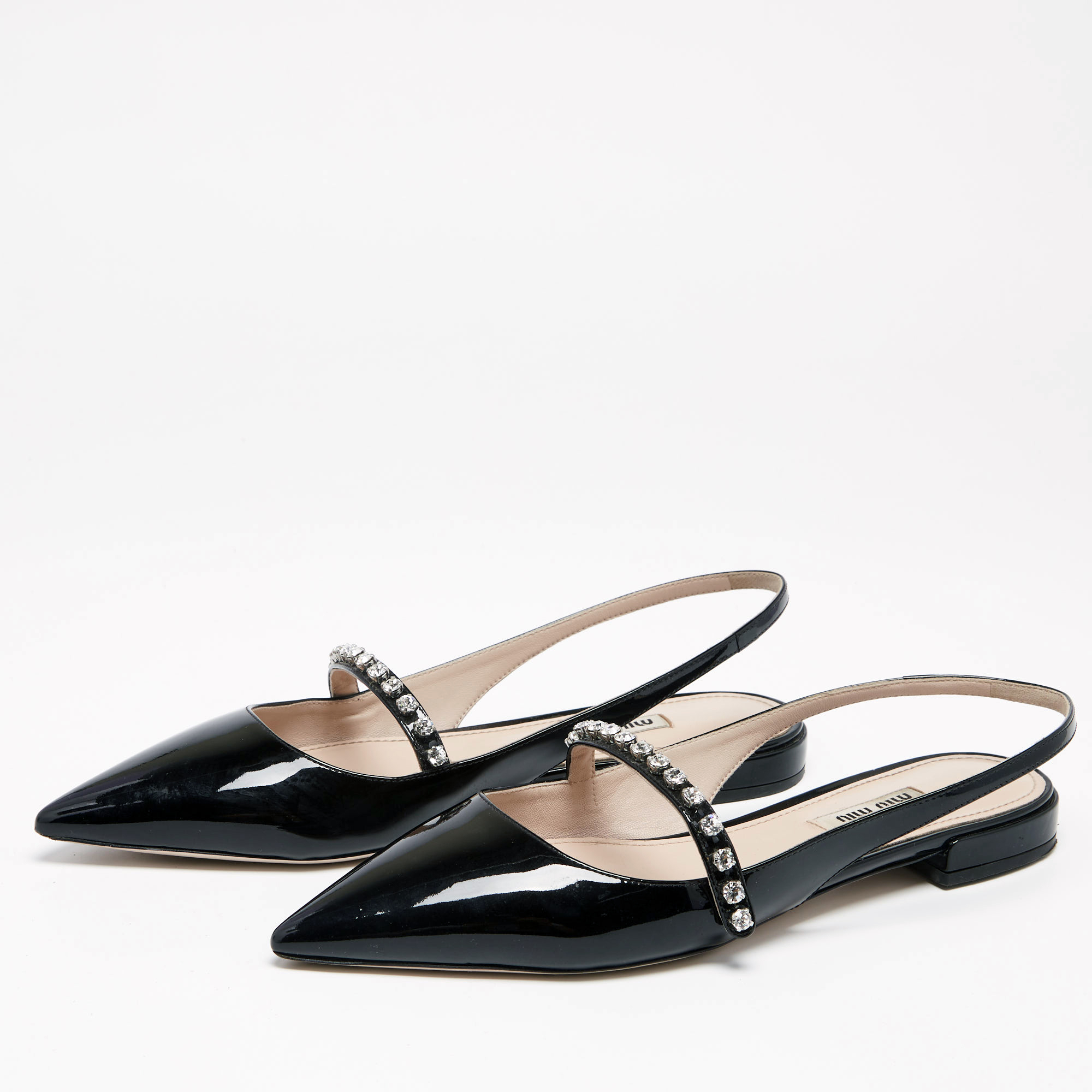 

Miu Miu Black Patent Leather Slingback Crystal Embellished Mary Jane Flats Size