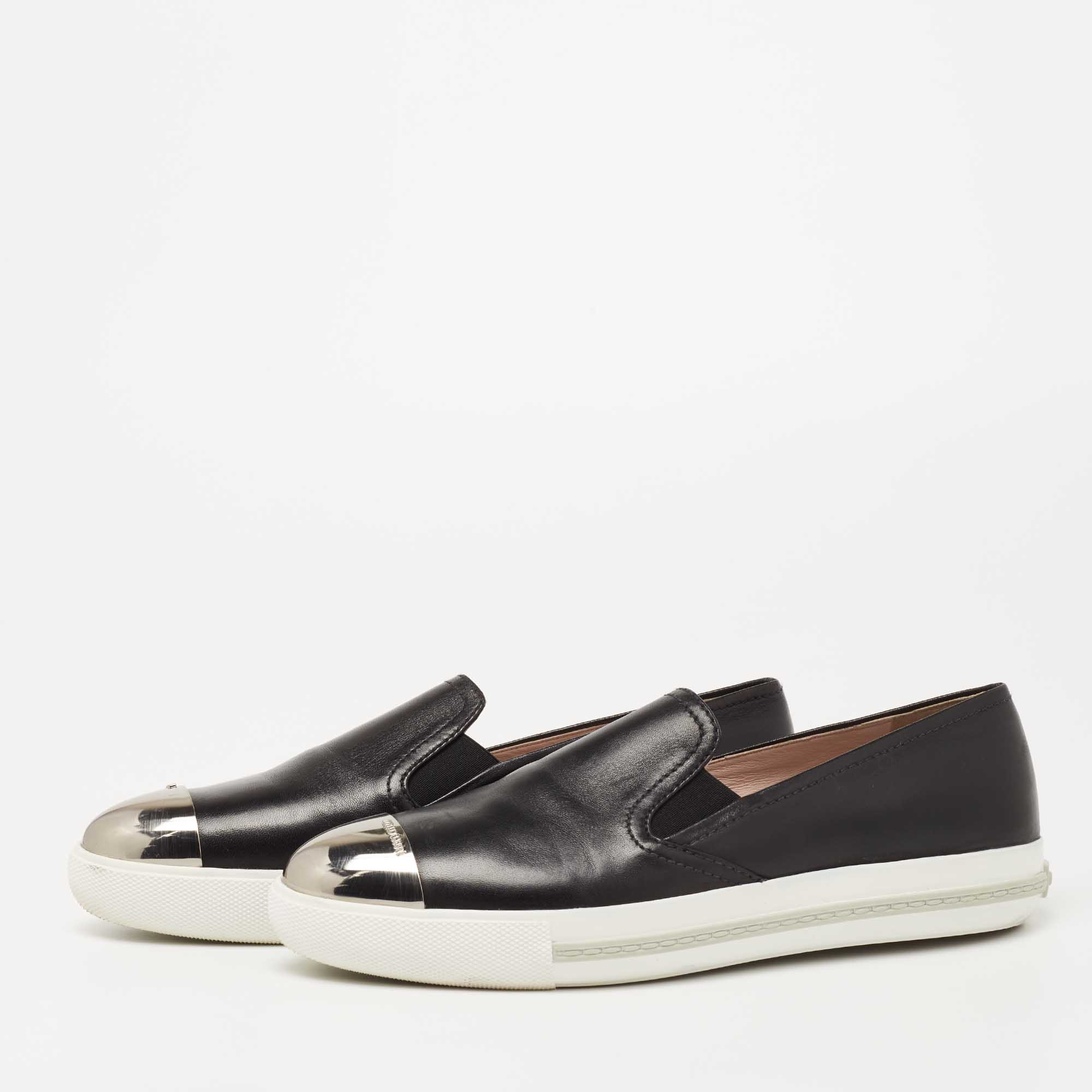 

Miu Miu Black Leather Metal Cap Toe Platform Slip On Sneakers Size