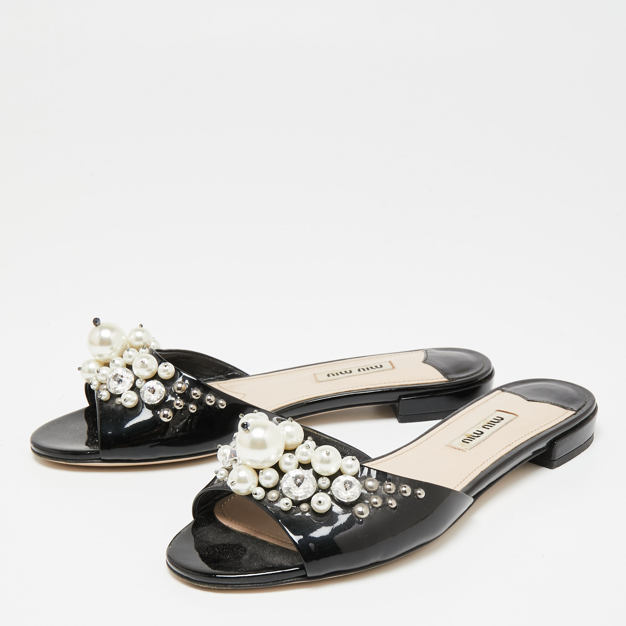 

Miu Miu Black Patent Leather Pearl Embellished Flats Size