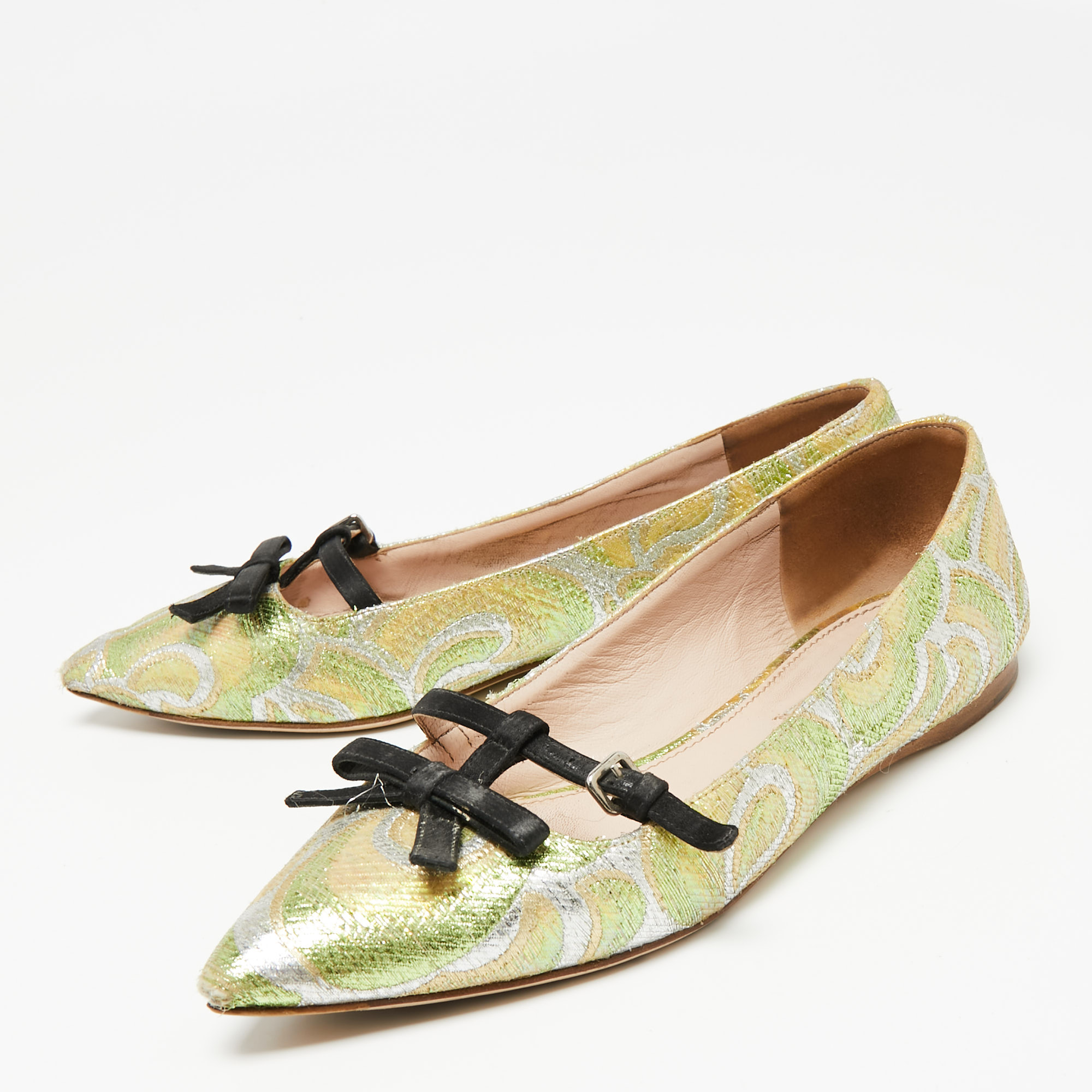 

Miu Miu Multicolor Brocade Fabric And Satin Trim Giada Bow Pointed Toe Ballet Flats Size