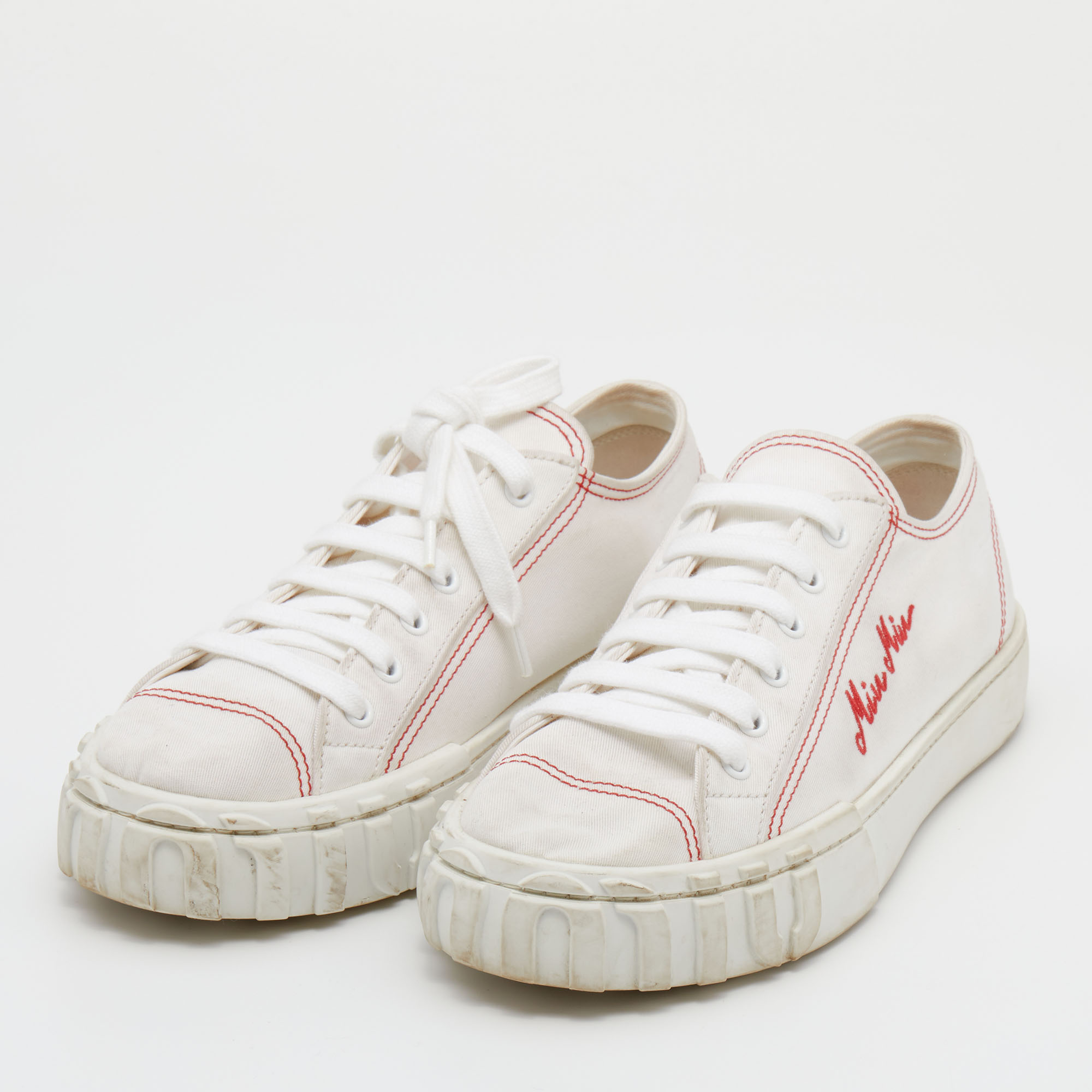 

Miu Miu White Logo Embroidered Fabric Low Top Sneakers Size