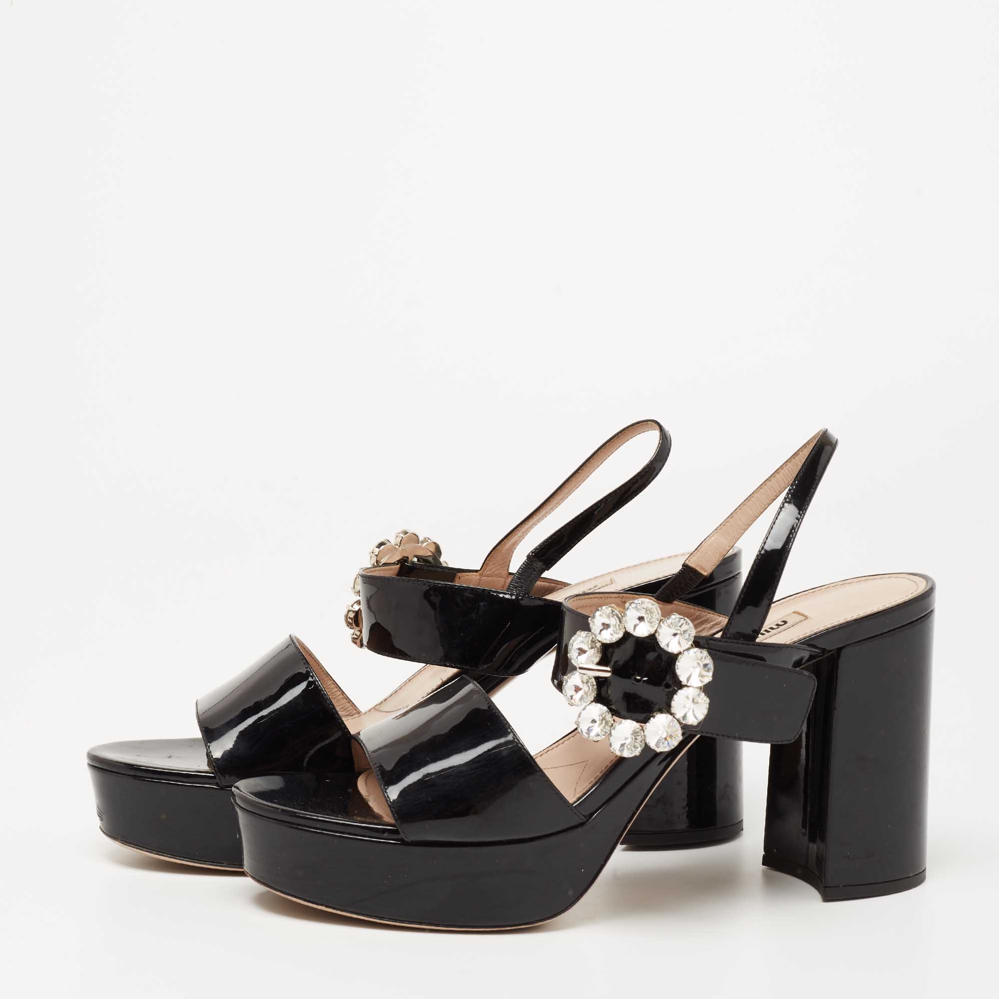 

Miu Miu Black Patent Leather Crystal Embellished Buckle Platform Sandals Size