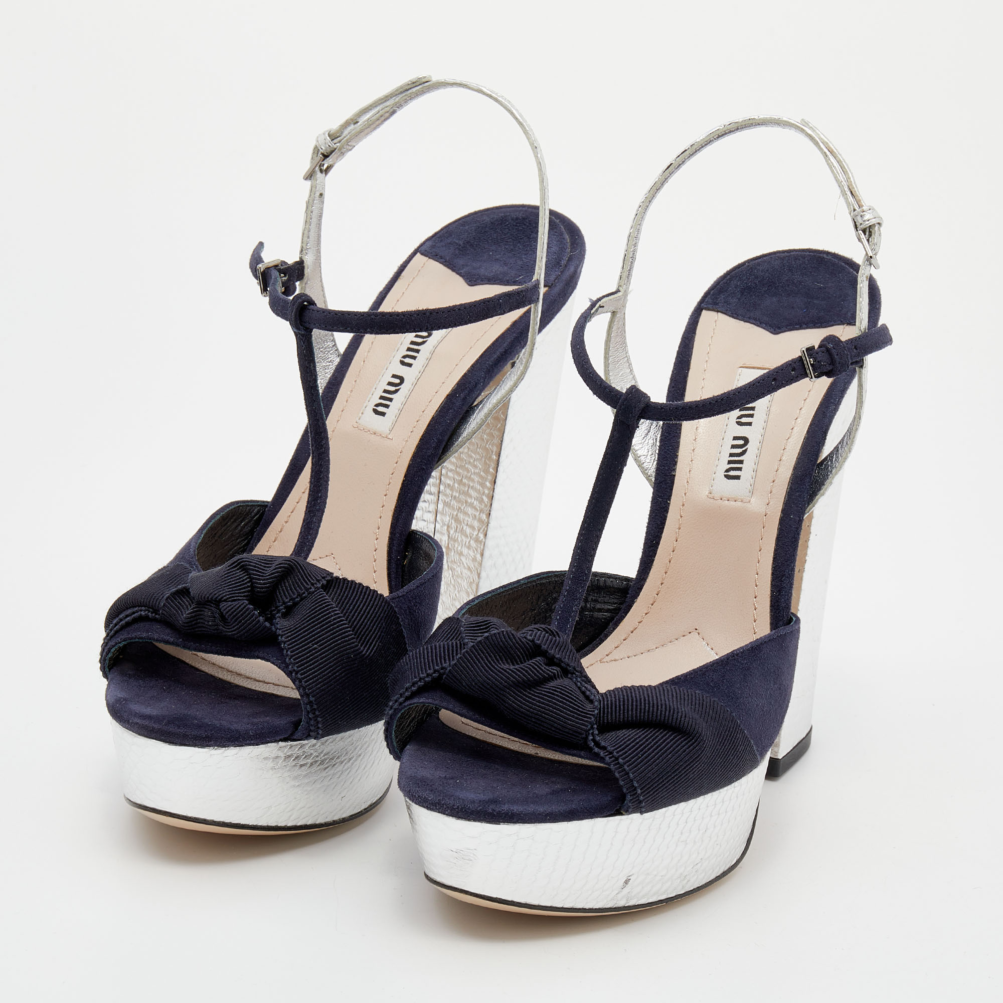 

Miu Miu Navy Blue/Silver Suede and Snakeskin Embossed Leather T-Strap Platform Sandals Size