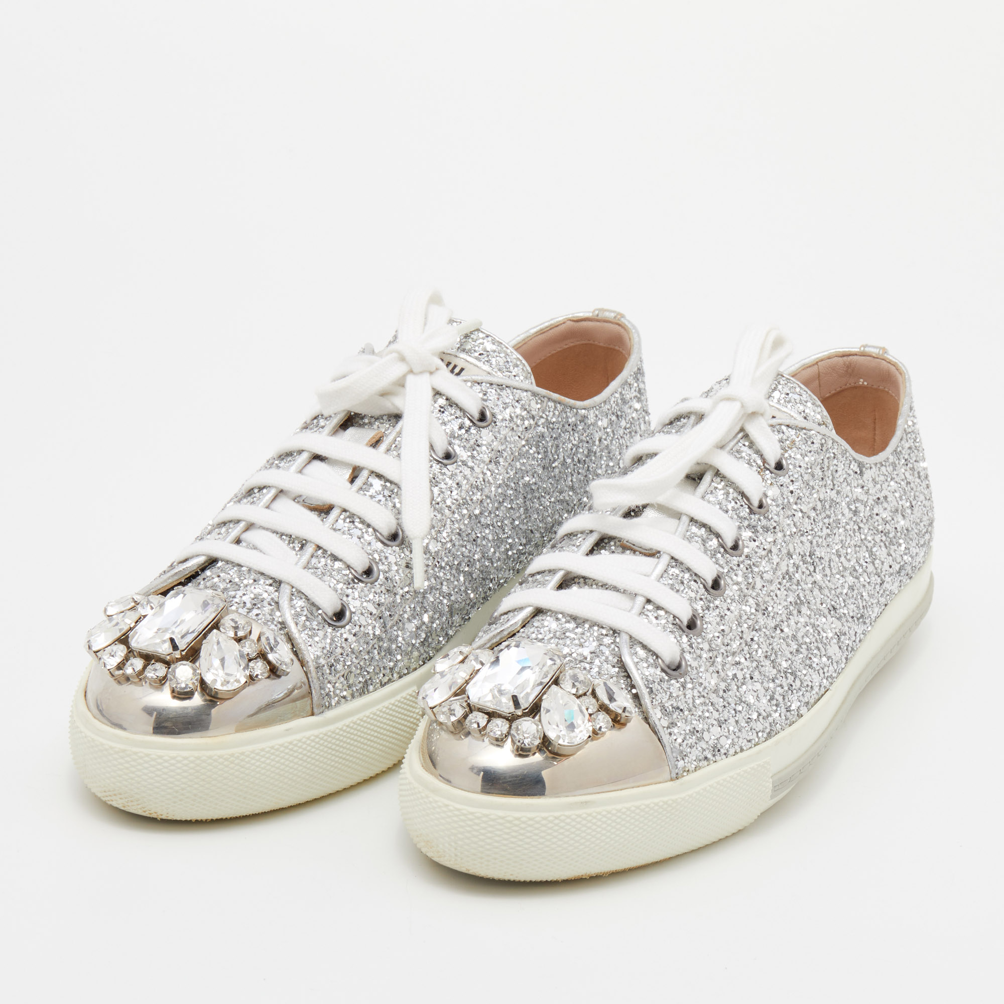 

Miu Miu Silver Glitter Crystal Embellished Lace Up Sneakers Size