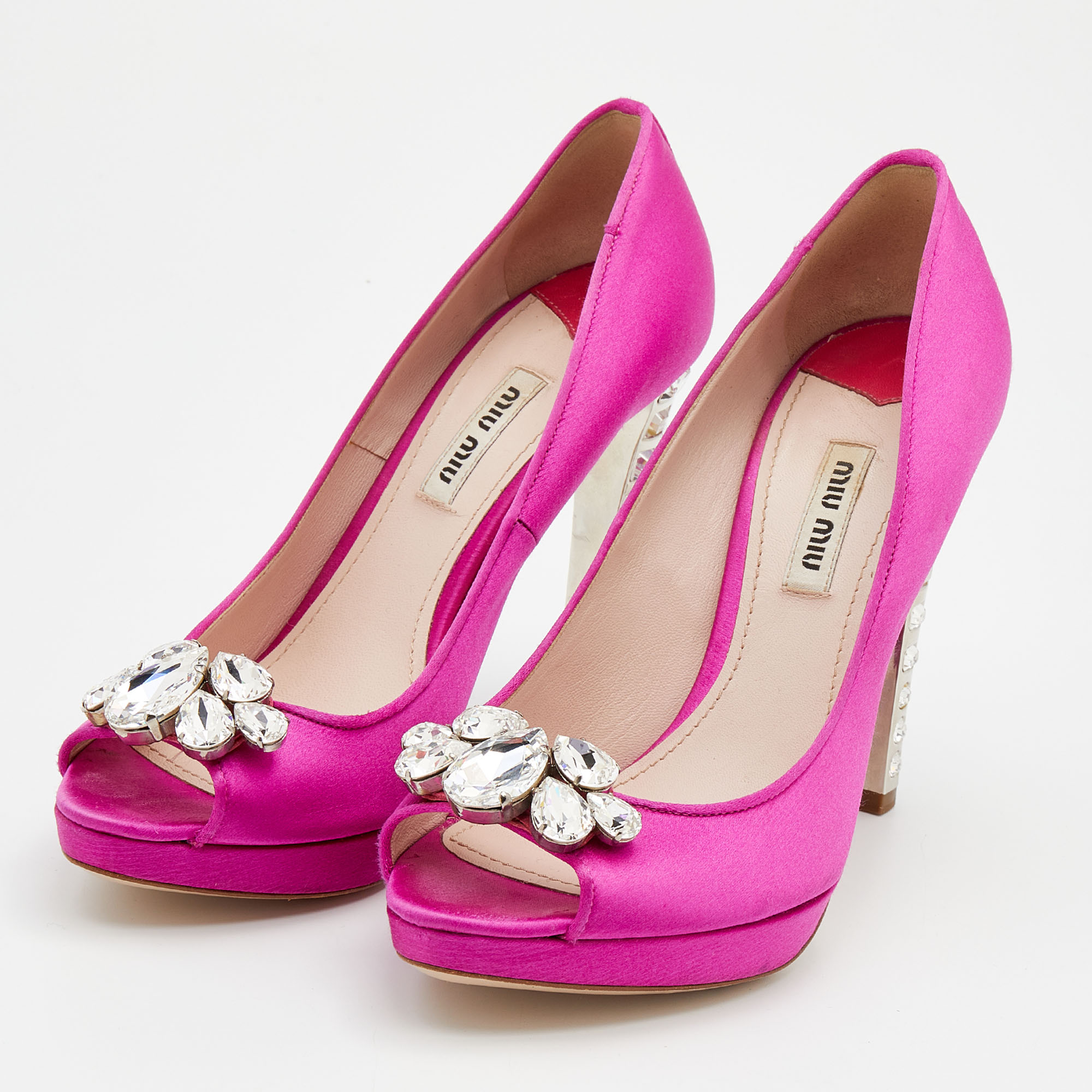 

Miu Miu Pink Satin Embellished Peep Toe Pumps Size