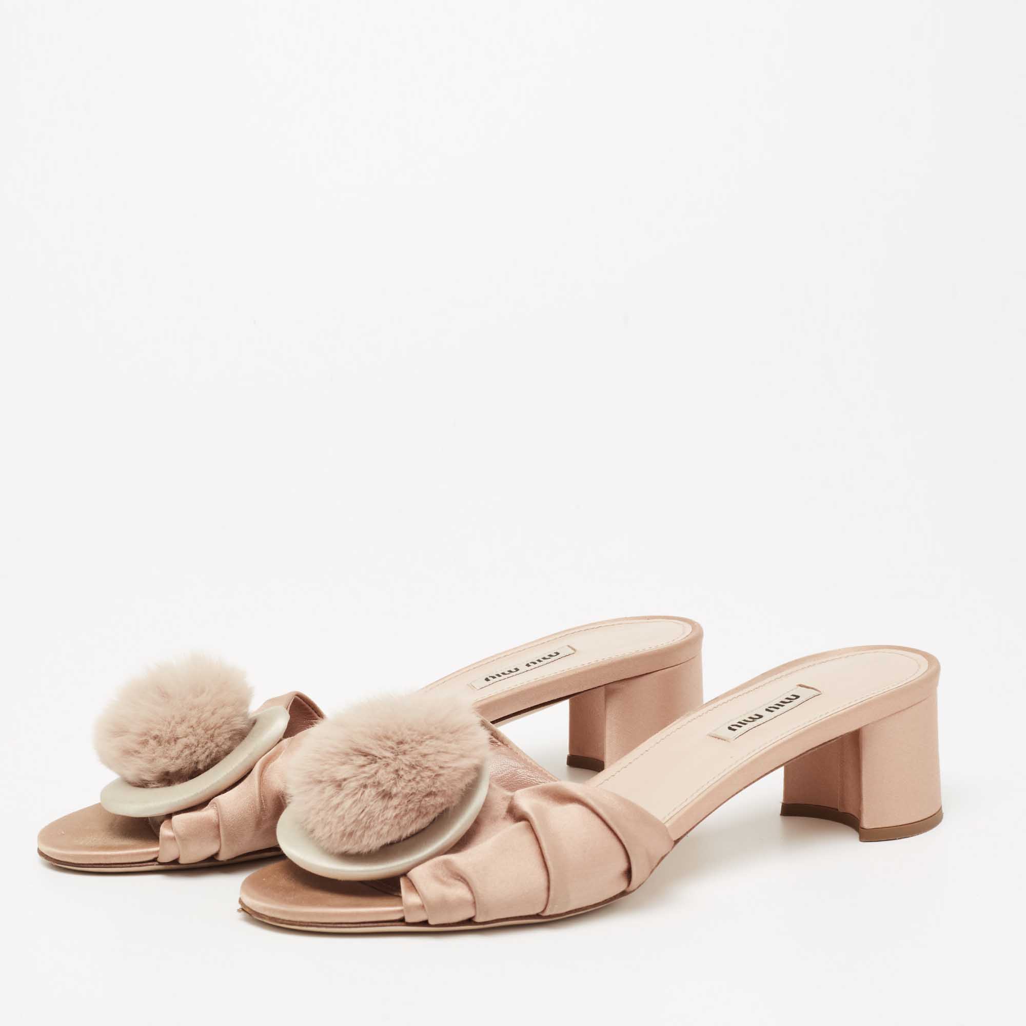 

Miu Miu Beige Pleated Satin Pom Pom Slide Sandals Size