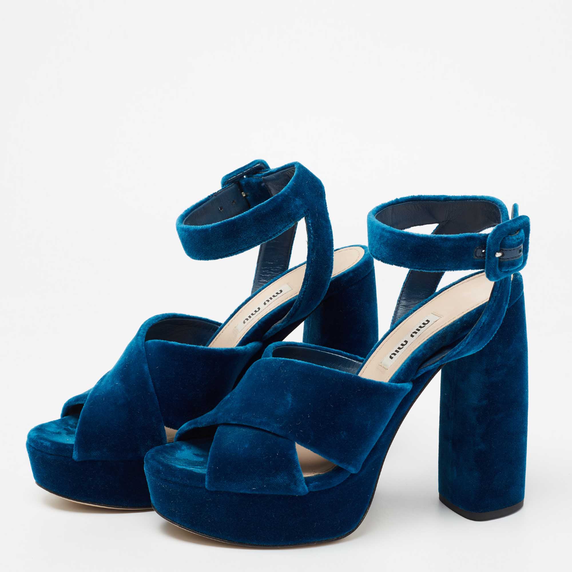

Miu Miu Blue Velvet Platform Ankle Strap Sandals Size