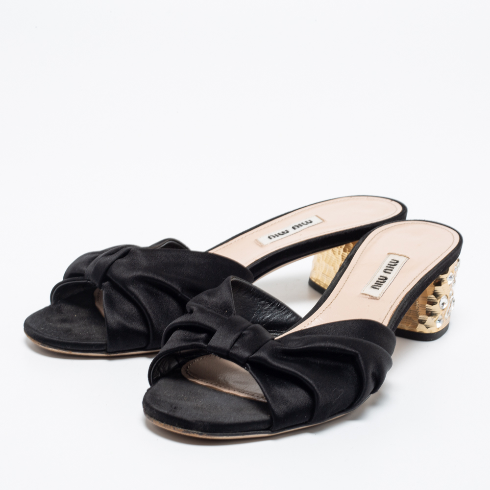 

Miu Miu Black Satin Heel Embellished Slide Sandals Size