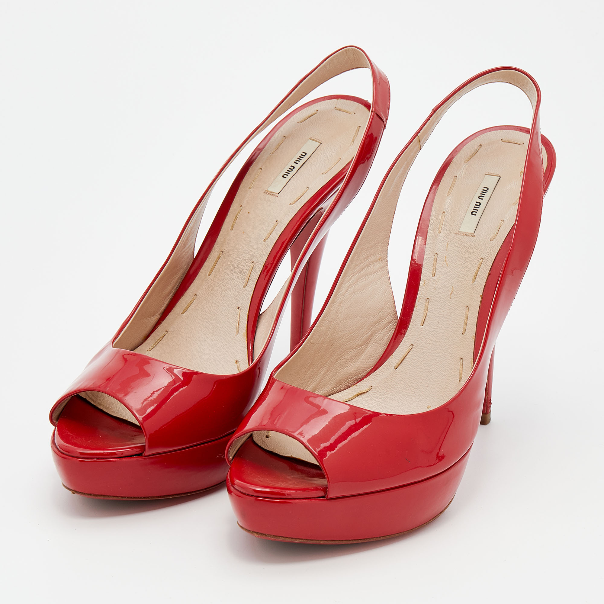 

Miu Miu Red Patent Leather Peep Toe Platform Slingback Sandals Size