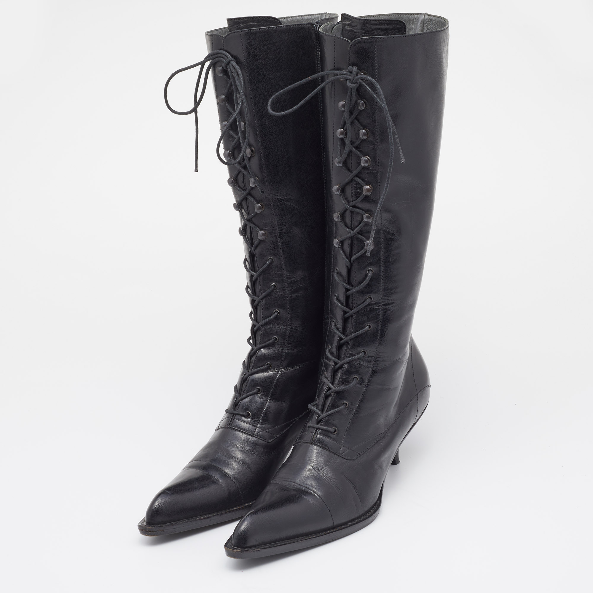 

Miu Miu Black Leather Lace Up Knee Length Boots Size