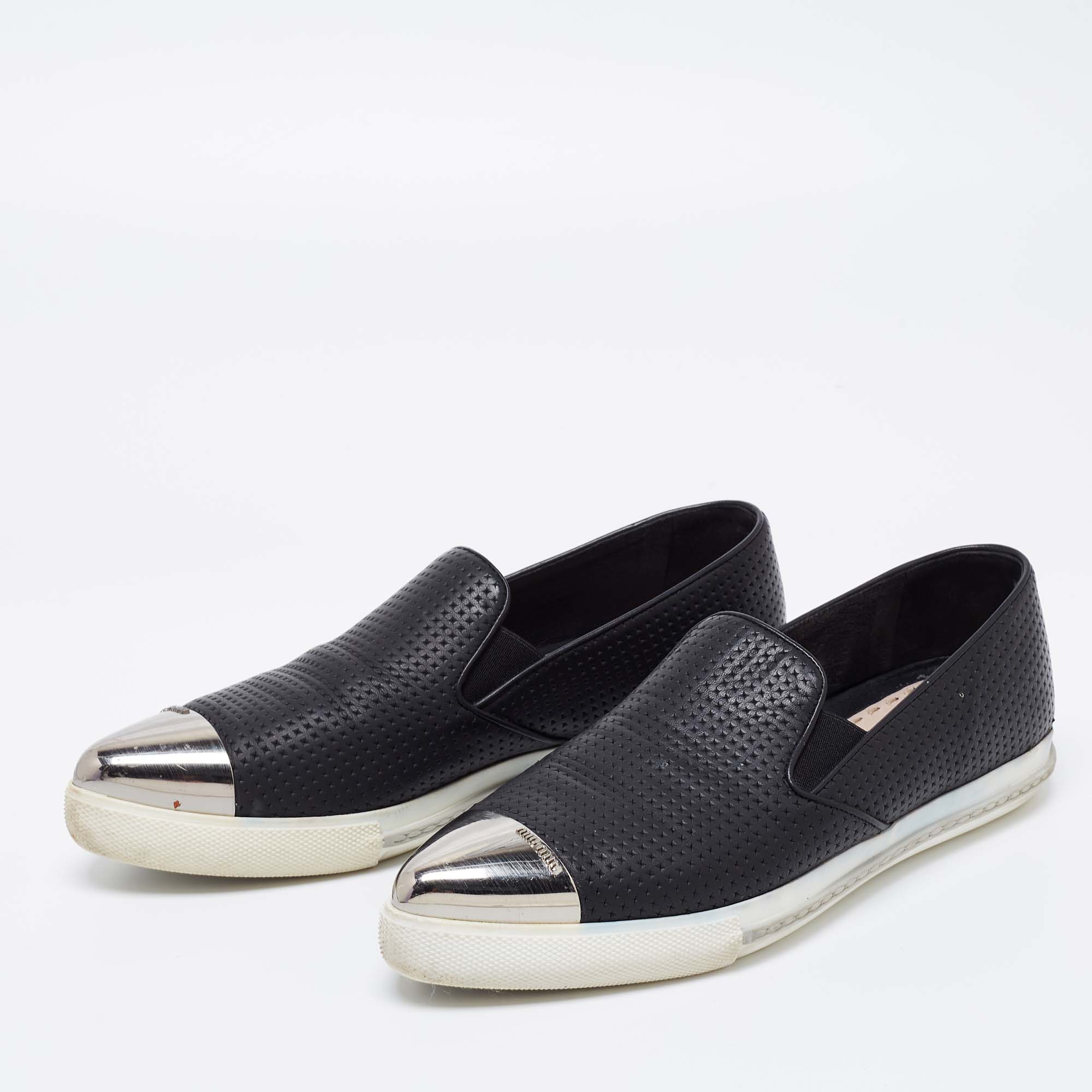 

Miu Miu Black Perforated Leather Metal Cap Toe Sneakers Size