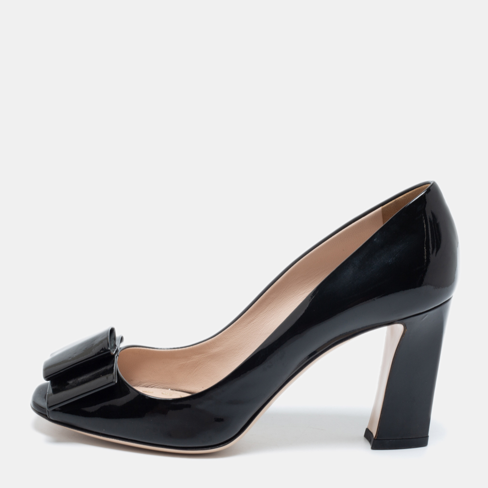 Miu Miu Black Patent Leather Bow Open Toe Block Heel Pumps Size 39.5
