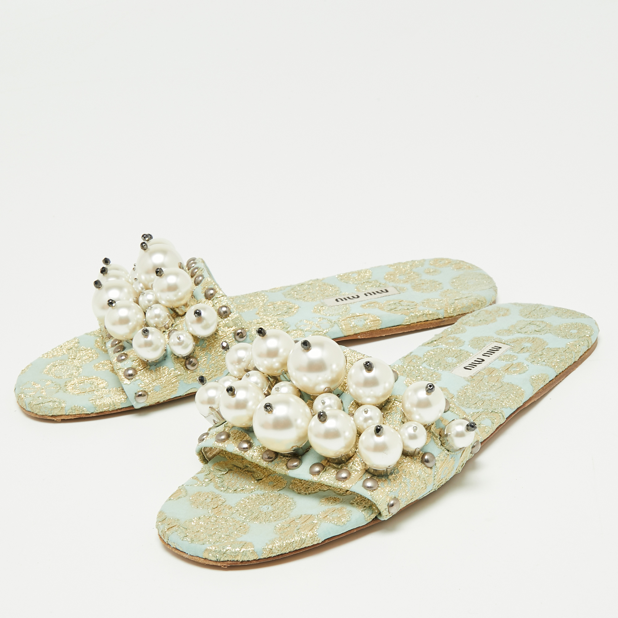 

Miu Miu Gold/Blue Brocade Fabric Pearl Embellished Slide Sandals Size