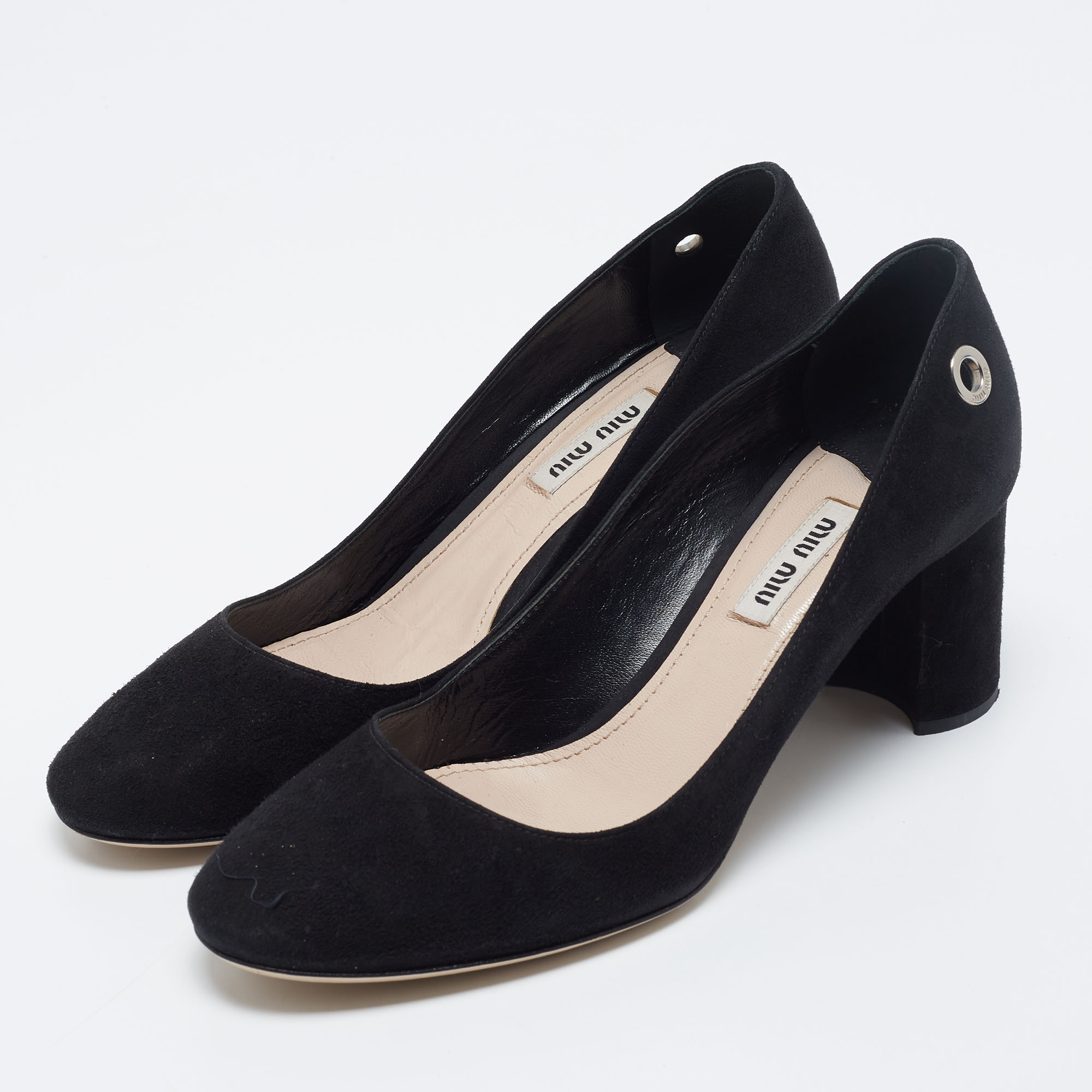 

Miu Miu Black Suede Eyelet Block Heel Pumps Size