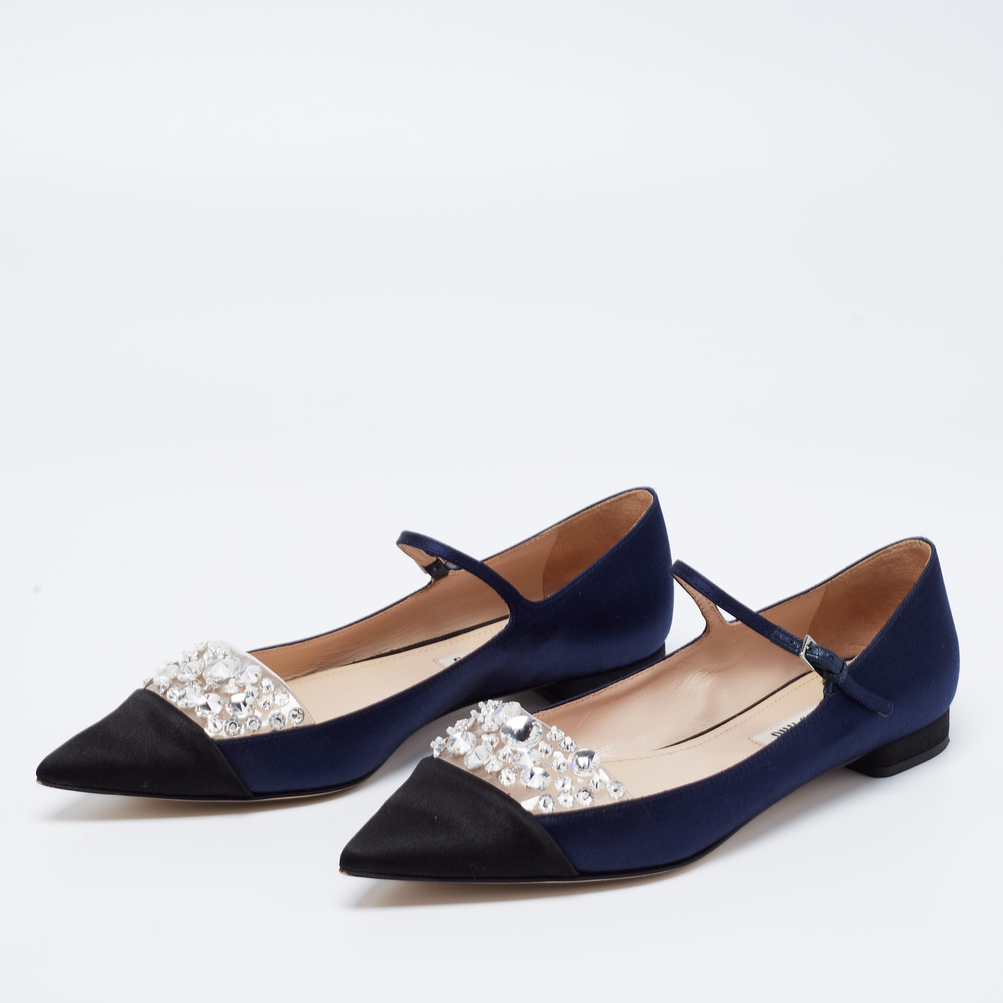 

Miu Miu Navy Blue/Black Satin Crystal Embellished Mary Jane Ballet Flats Size