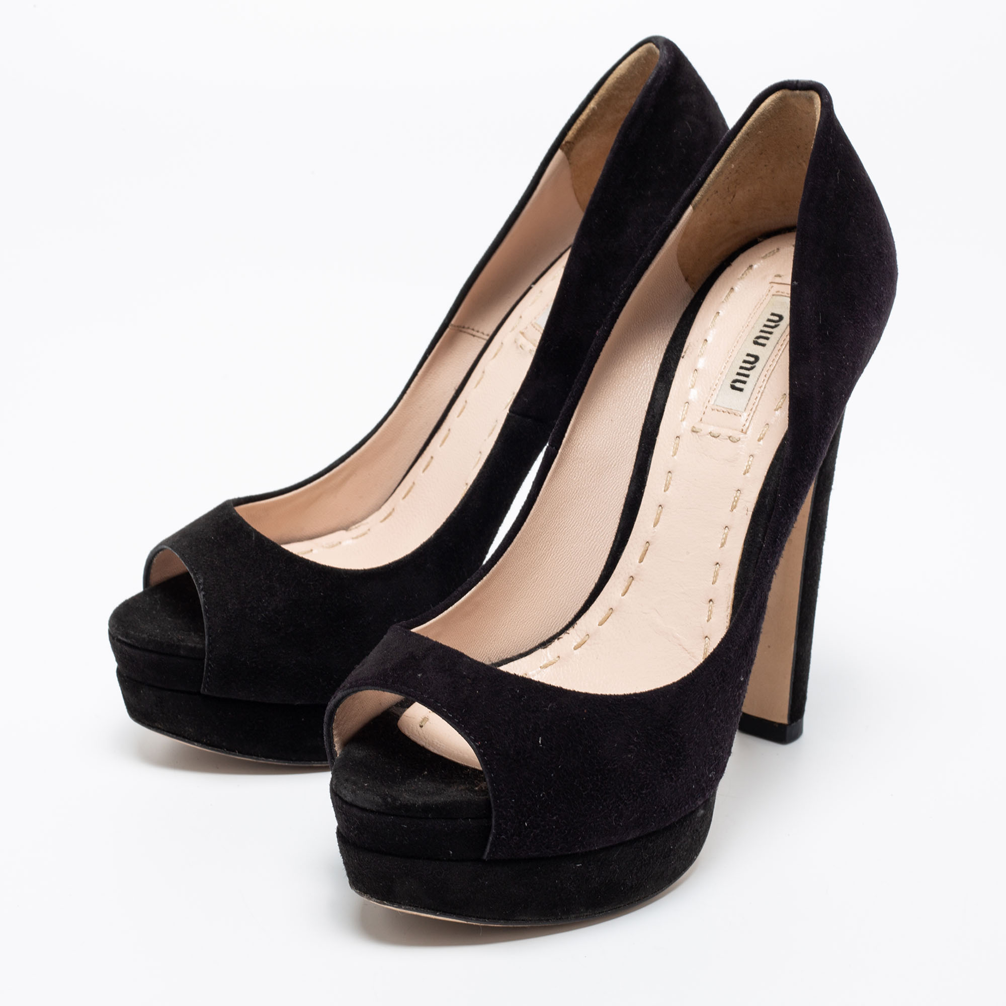 

Miu Miu Black Suede Peep Toe Platform Pumps Size