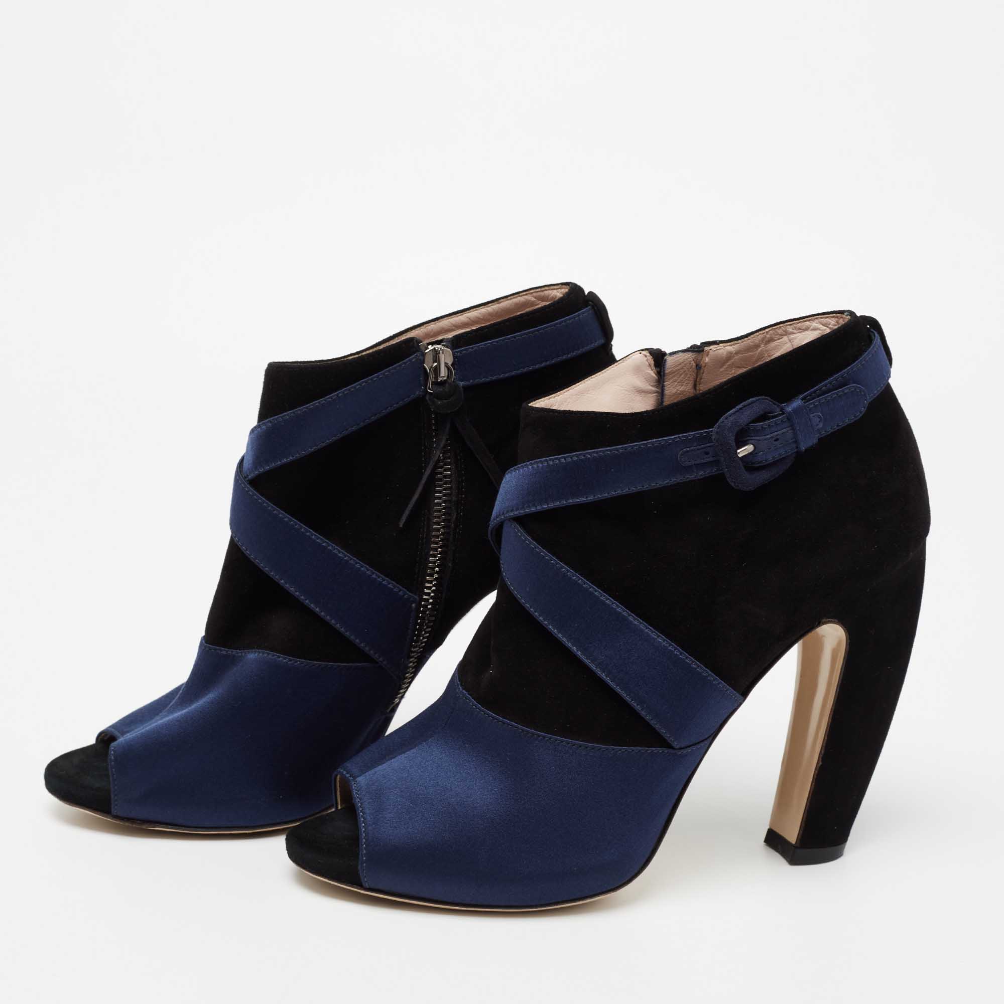 

Miu Miu Black/Blue Suede And Satin Open Toe Ankle Boots Size