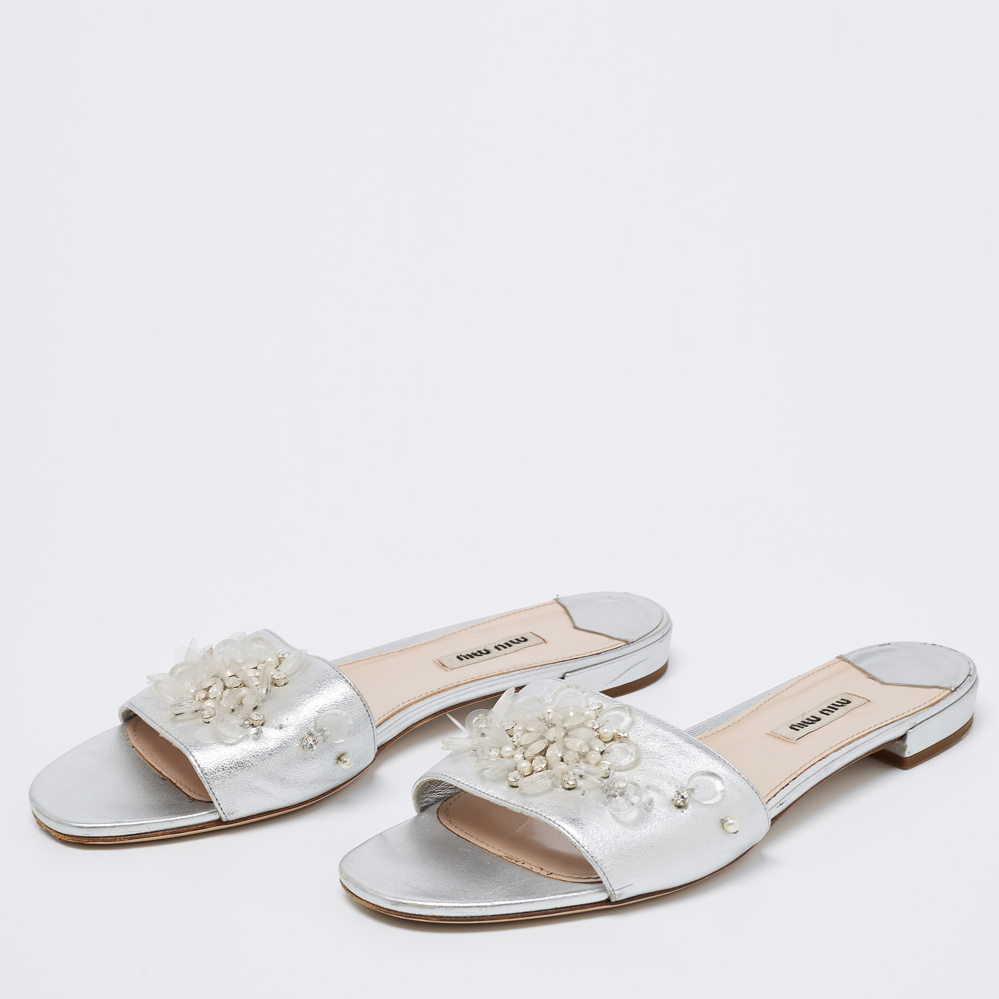 

Miu Miu Silver Leather Embellished Flats Size