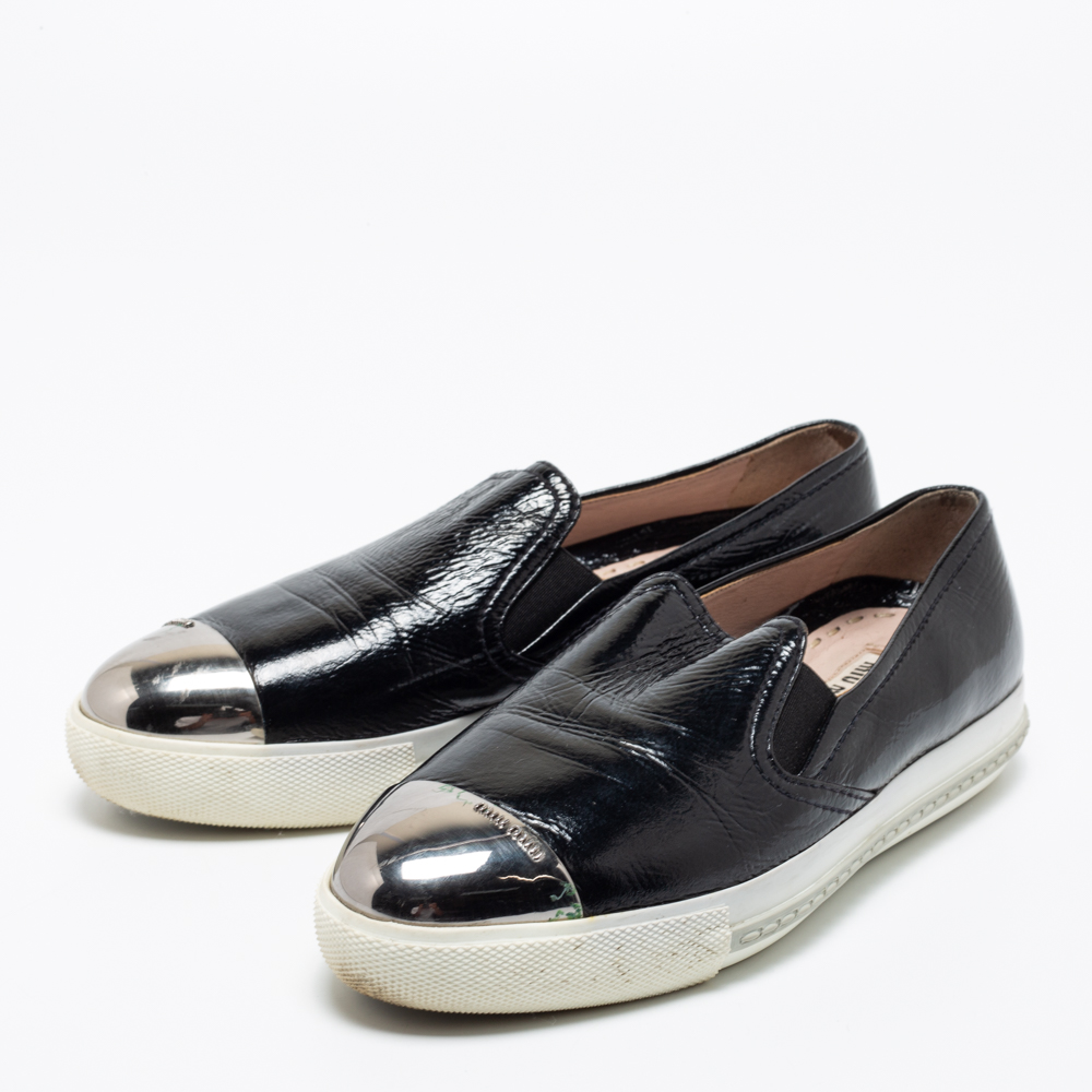 

Miu Miu Black Patent Leather Metal Cap Toe Slip On Sneakers Size