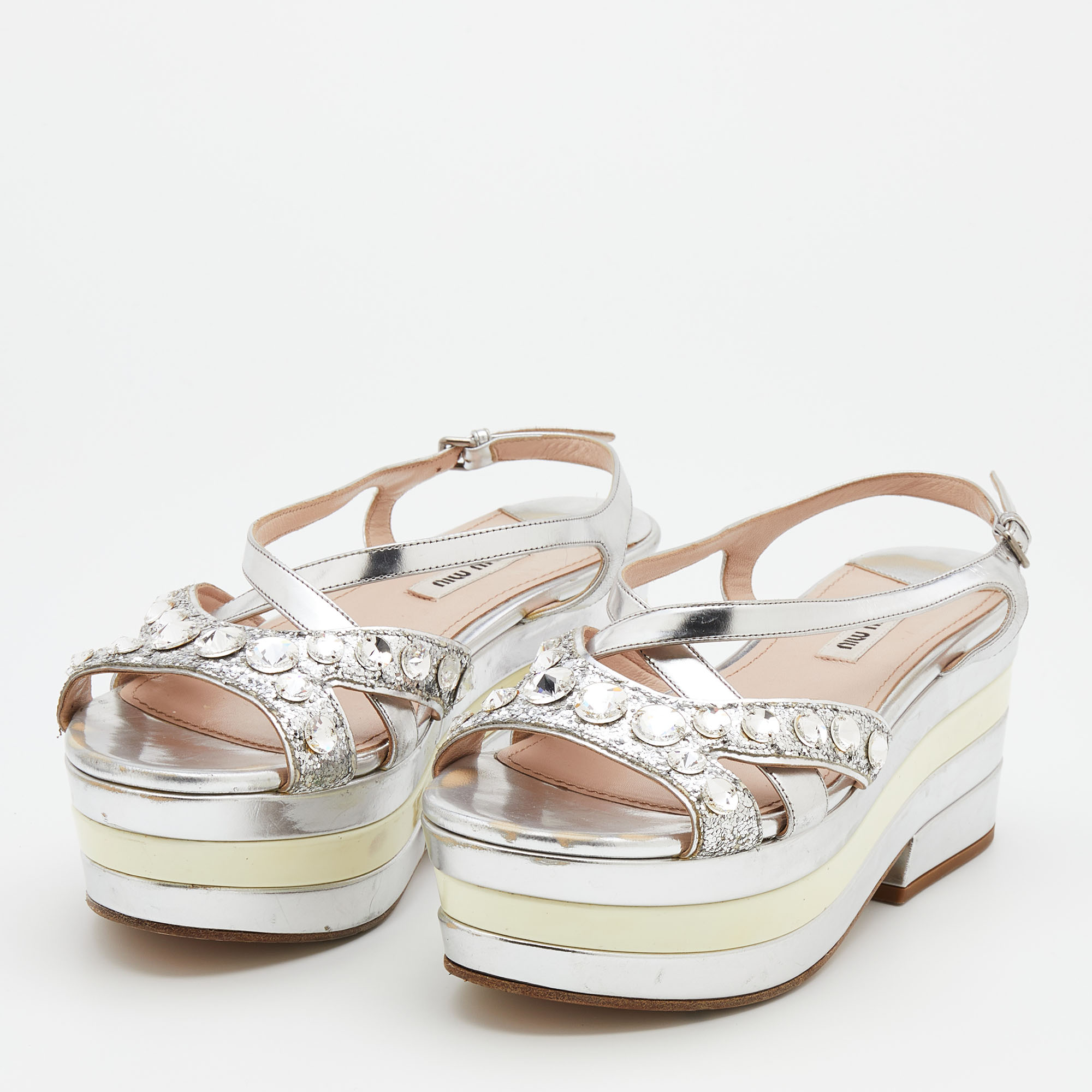 

Miu Miu Silver Leather And Glitter Embellished Wedge Platform Slingback Sandals Size