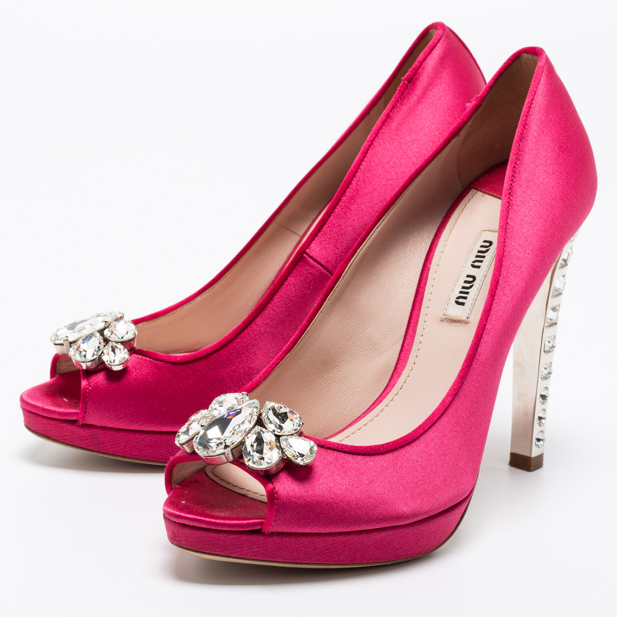 

Miu Miu Hot Pink Satin Crystal Embellished Heel Peep-Toe Platform Pumps Size