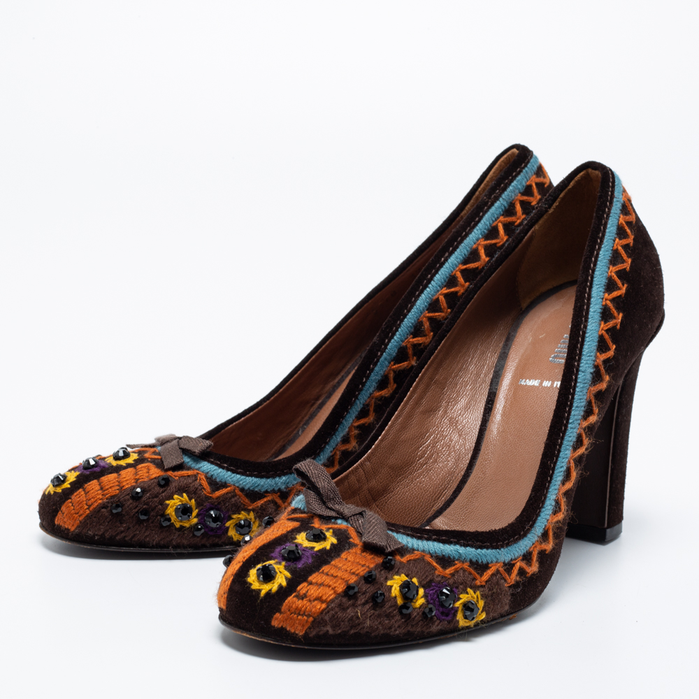 

Miu Miu Dark Brown Suede Embroidered Round Toe Pumps Size