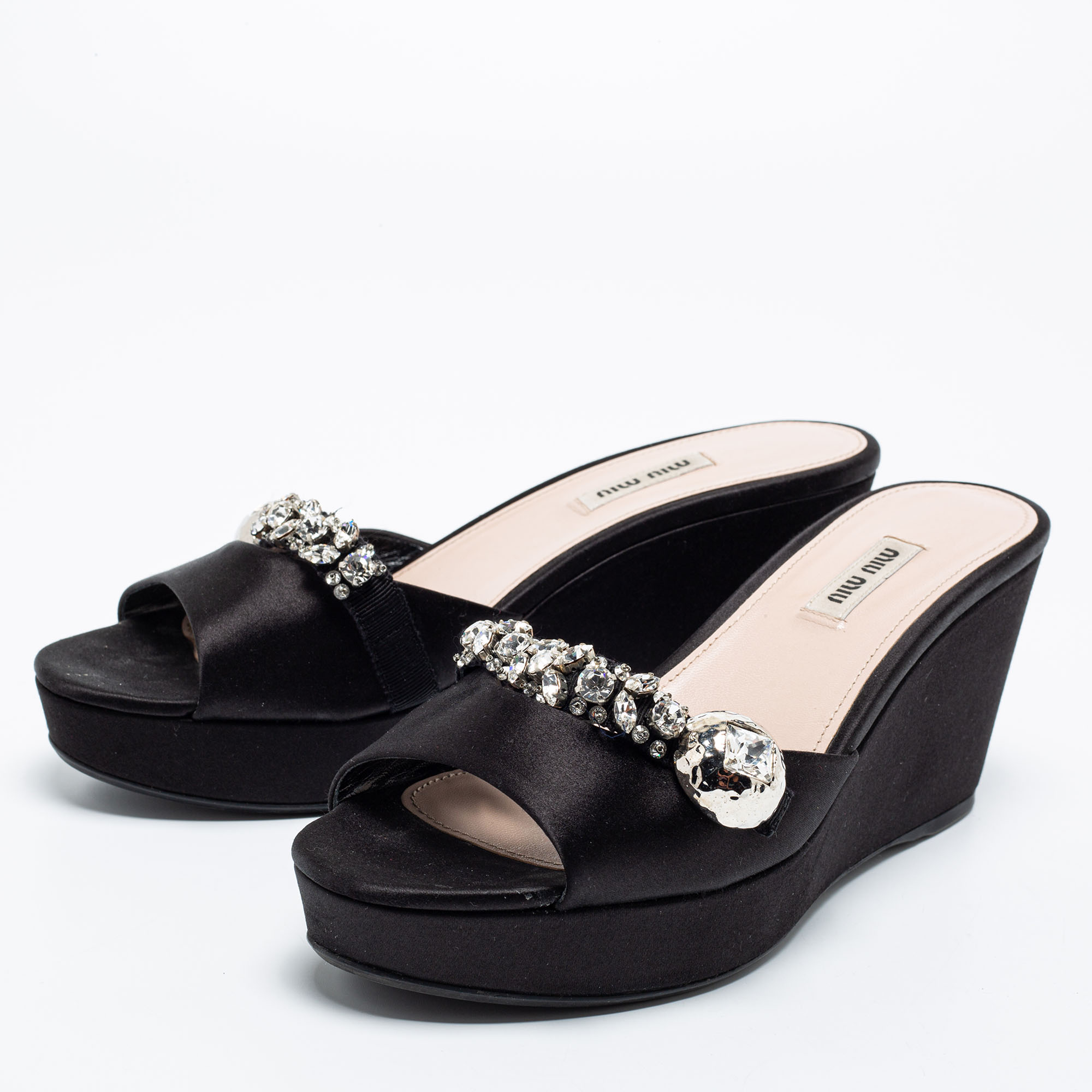 

Miu Miu Black Satin Crystal Embellished Wedge Platform Open Toe Sandals Size