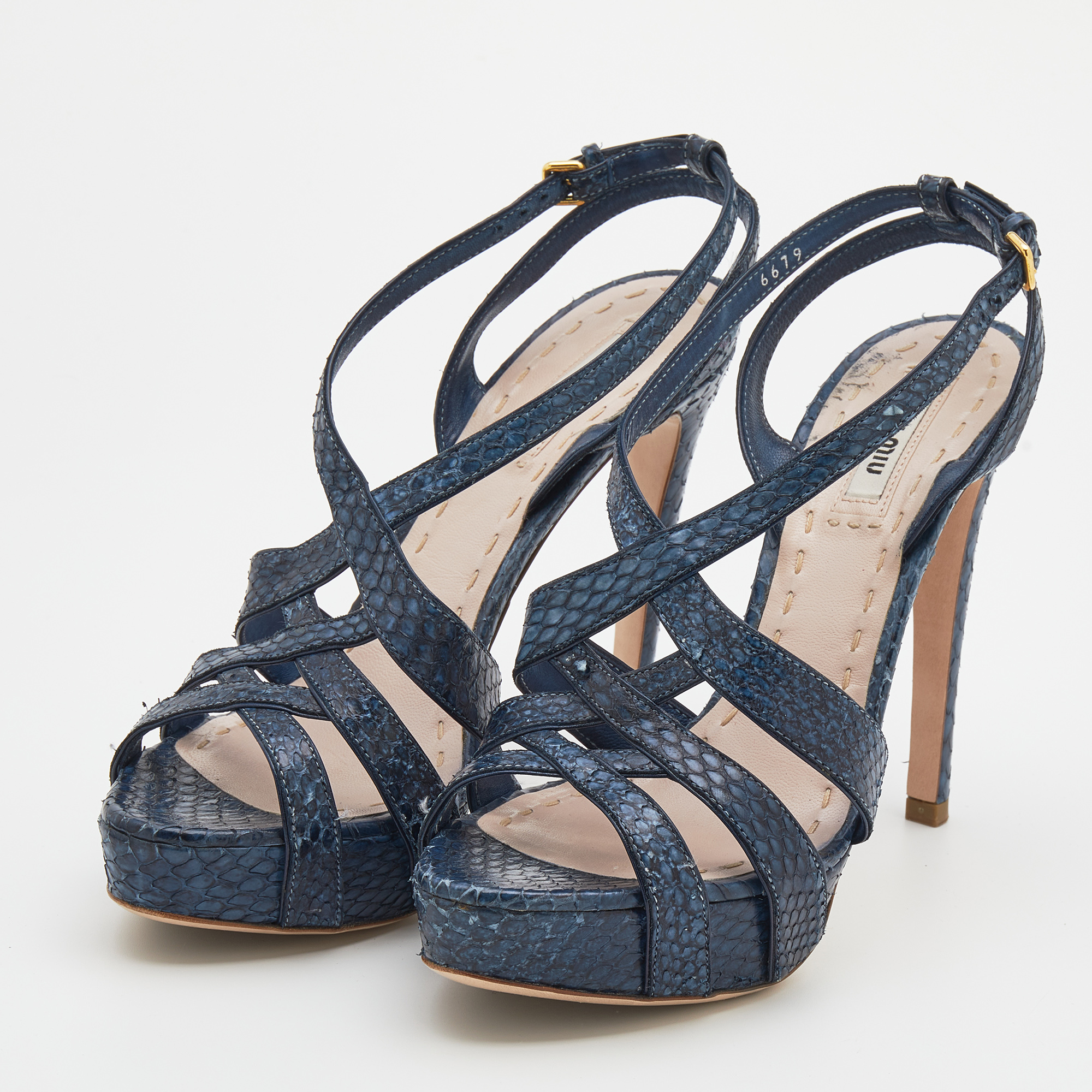 

Miu Miu Navy Blue Python Embossed Leather Strappy Platform Sandals Size