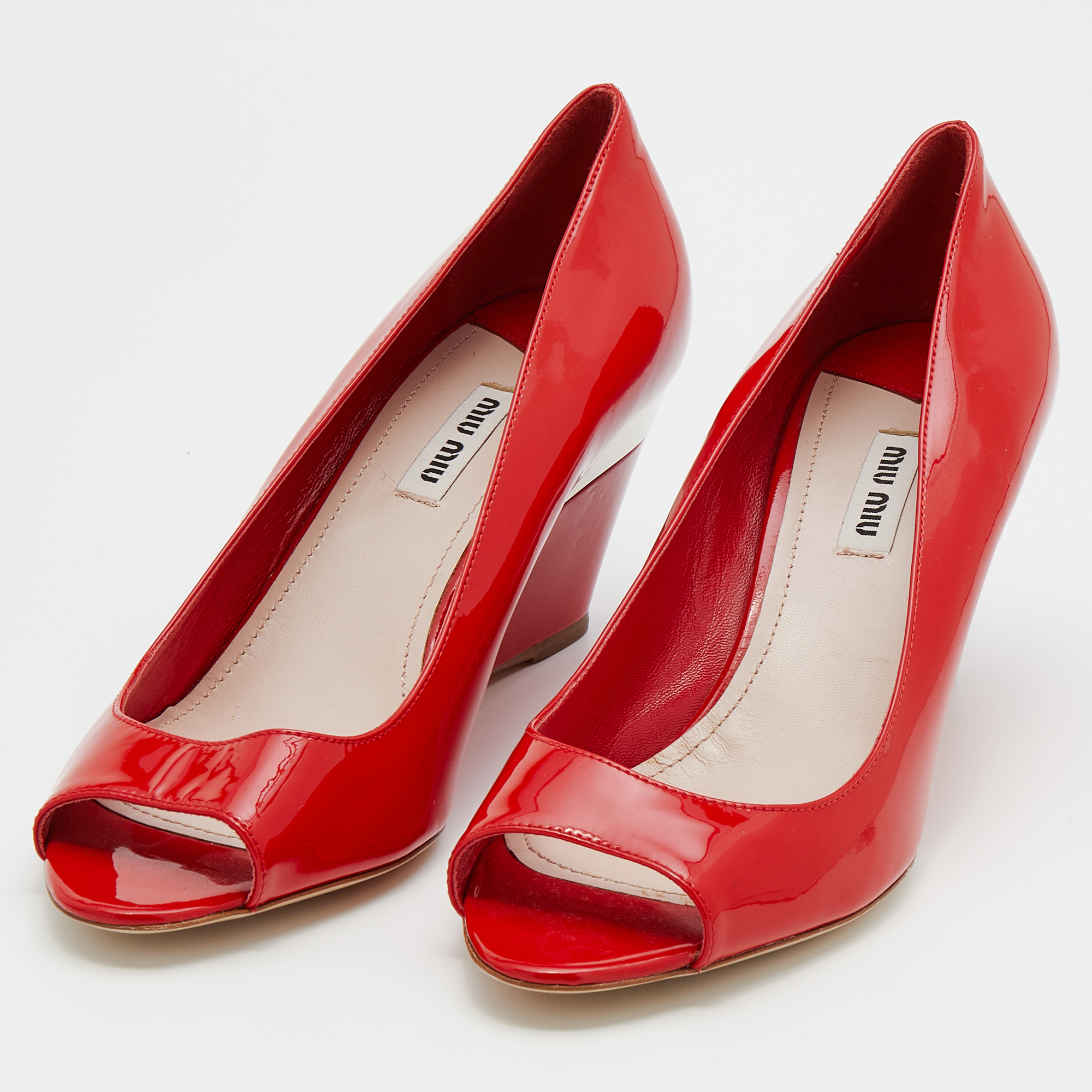 

Miu Miu Red Patent Leather Peep Toe Pumps Size 39