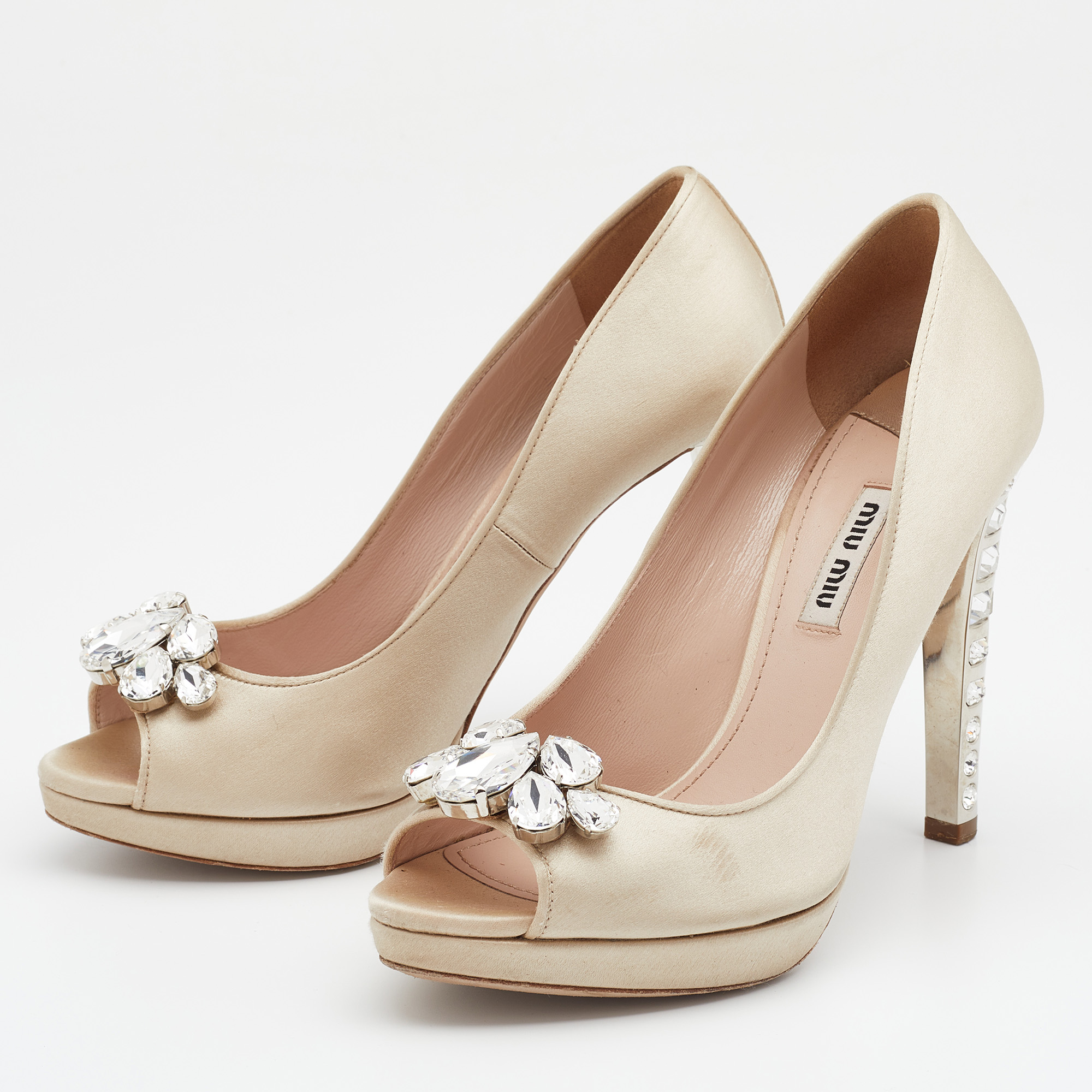

Miu Miu Cream Satin Crystal Embellished Heel Peep Toe Platform Pumps Size