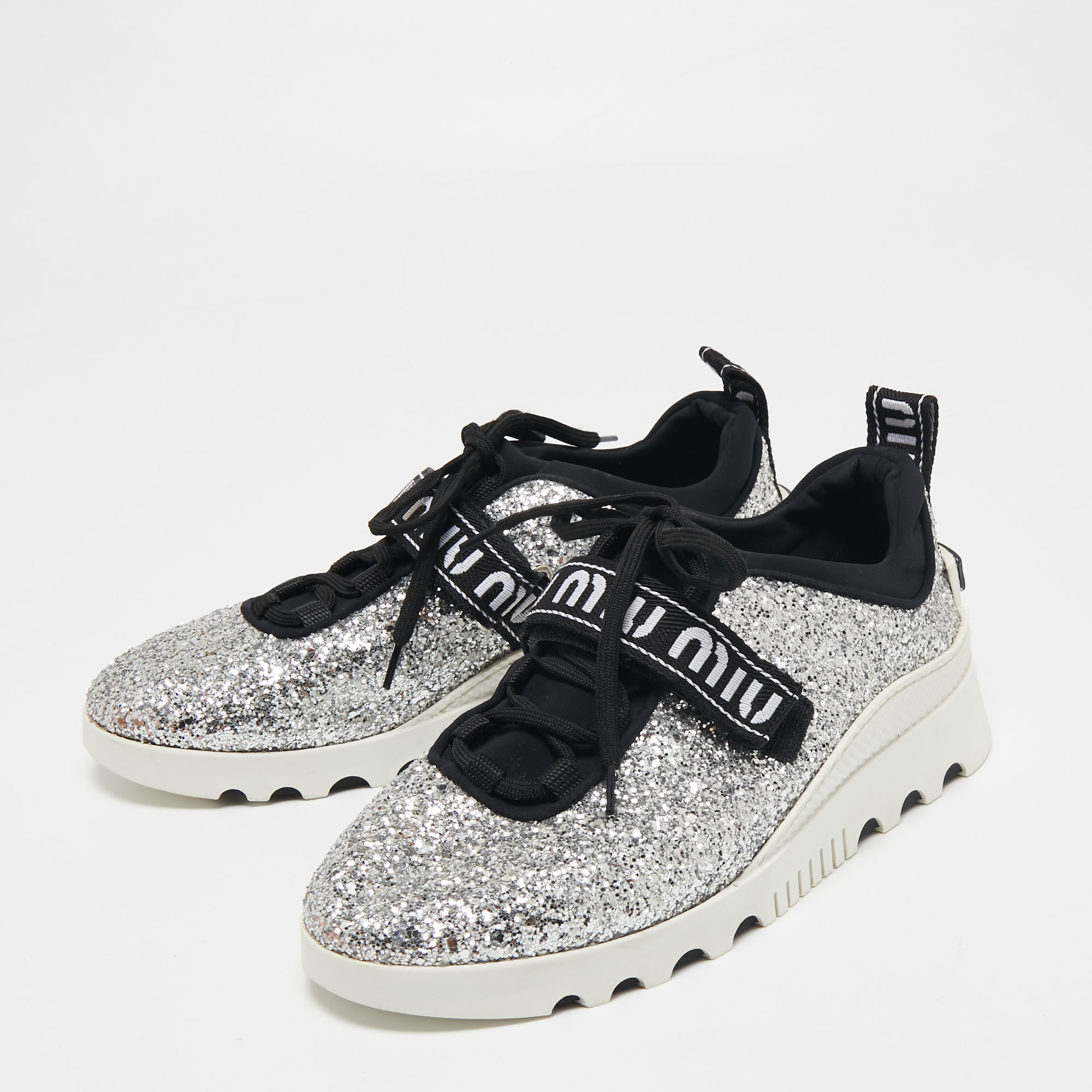 

Miu Miu Silver/Black Glitter Lace Up Sneakers Size