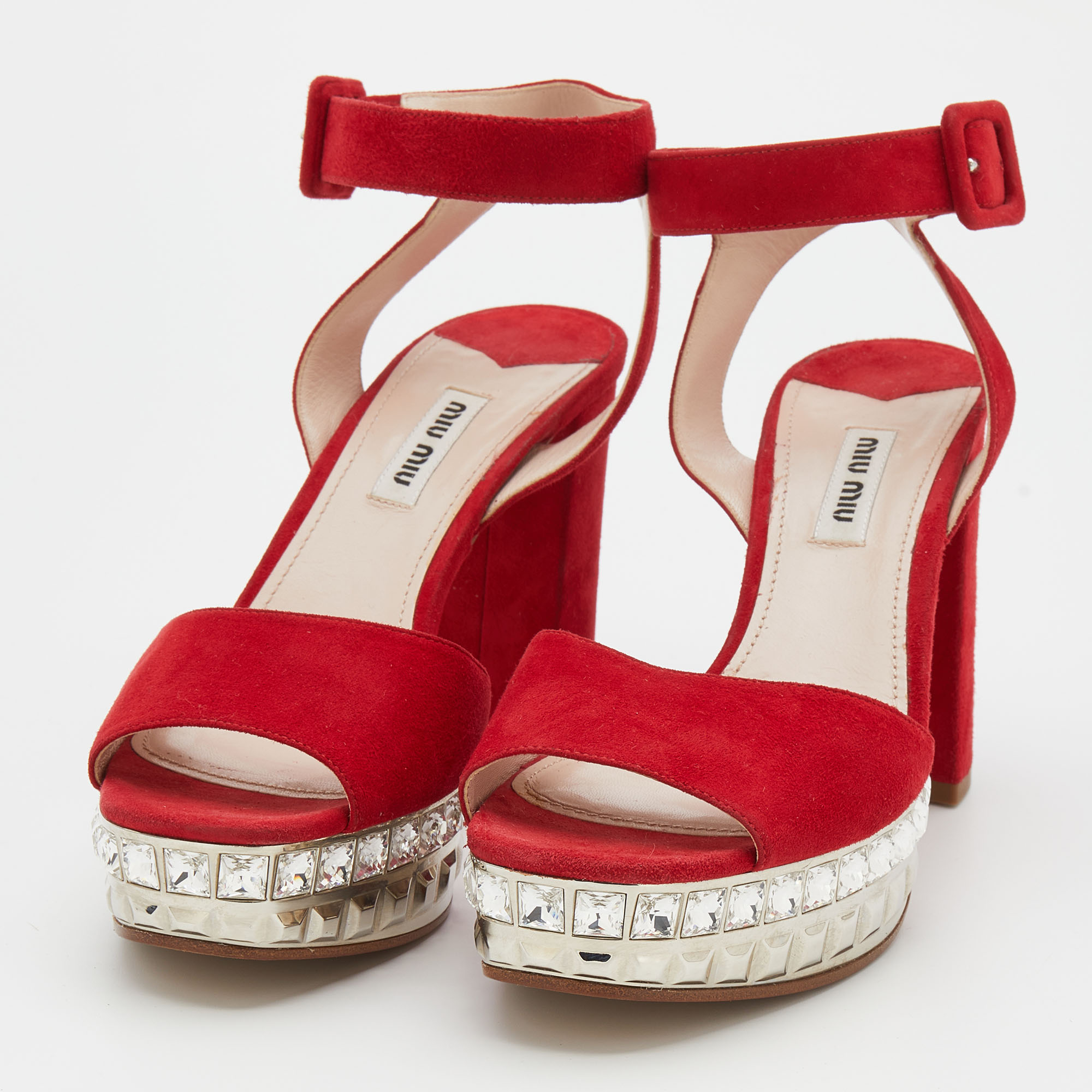 

Miu Miu Red Suede Crystal Embellished Platform Ankle-Strap Sandals Size