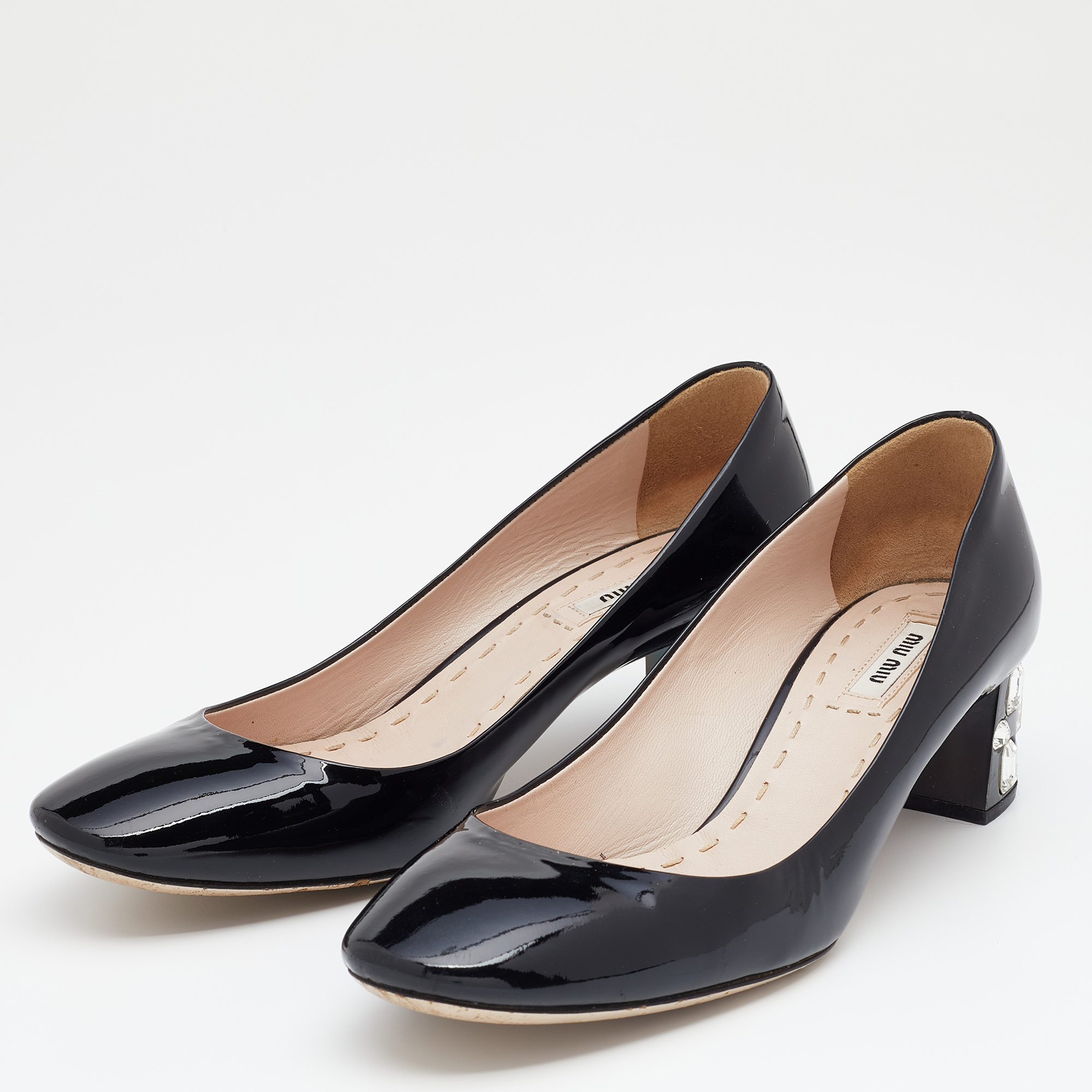 

Miu Miu Black Patent Leather Crystal Embellished Block Heel Pumps Size